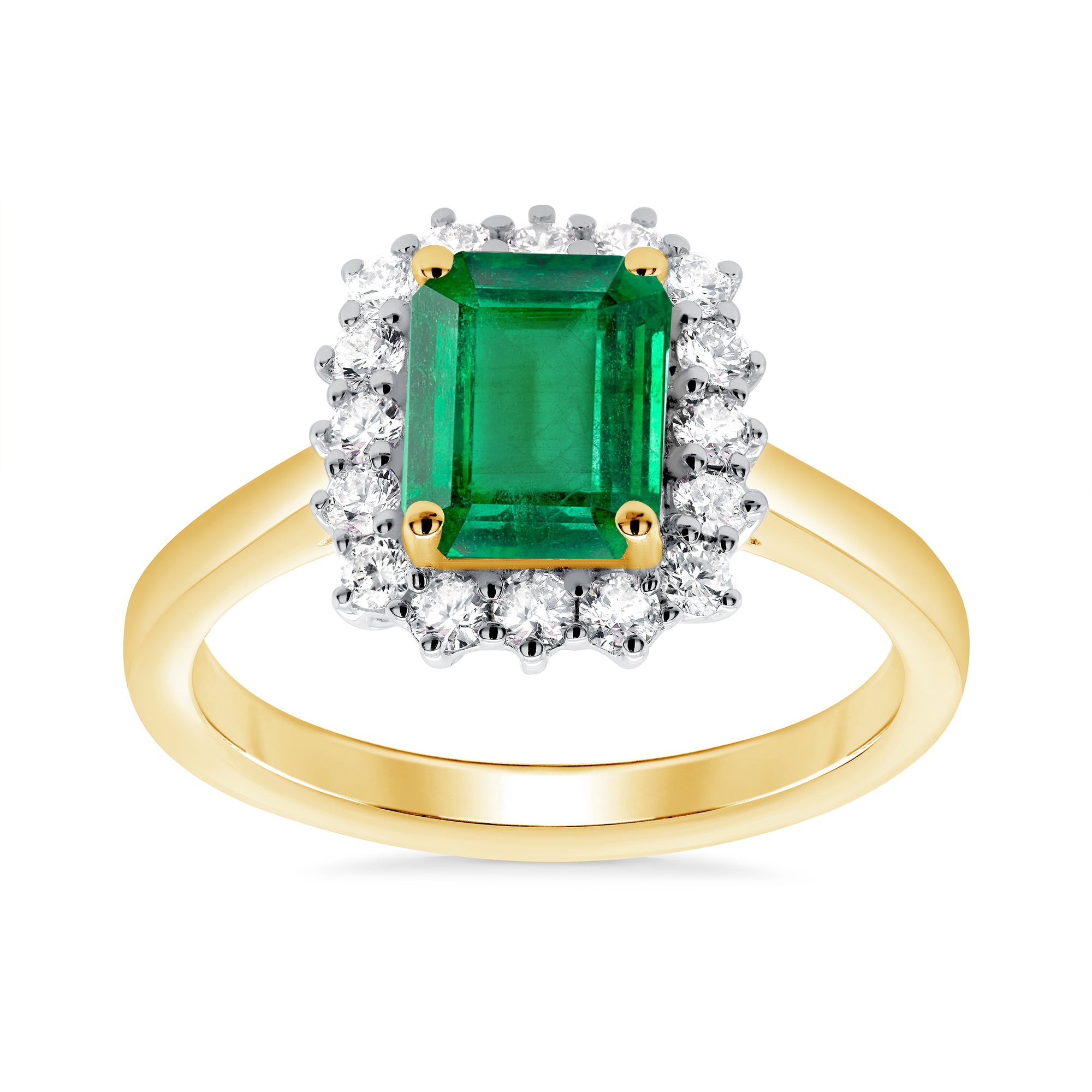 9ct gold 8x6 octagonal lab created emerald & E/VS diamond cluster ring 0.40cts LG