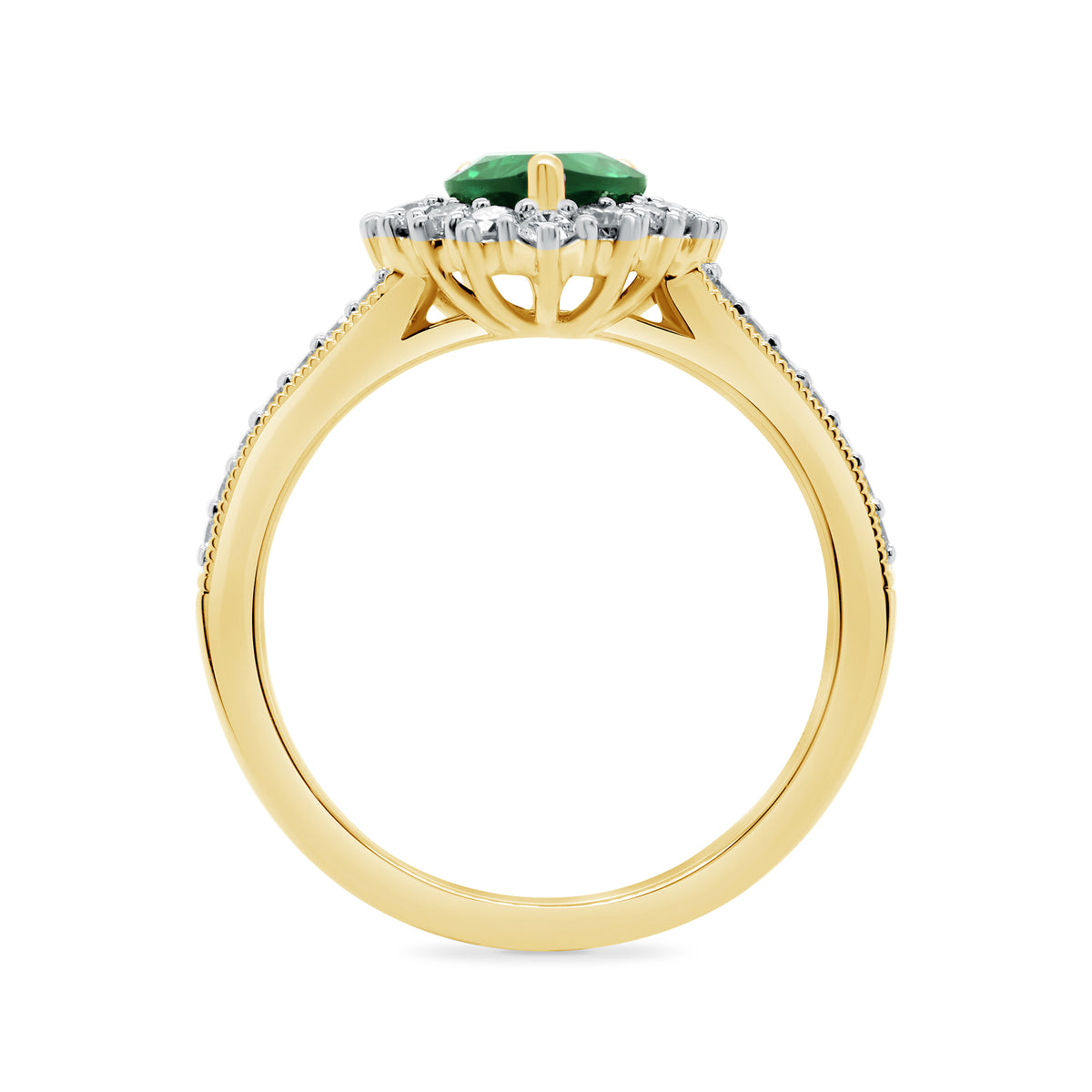 9ct gold 7x5 pear lab created emerald & E/VS diamond shoulders cluster ring 0.50cts LG