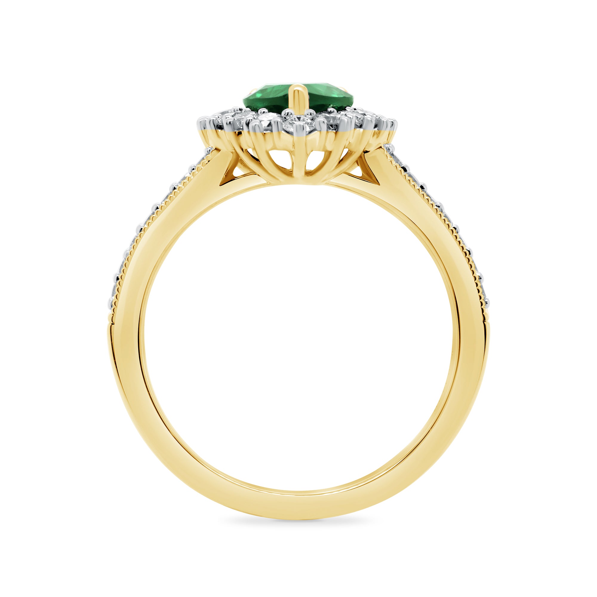 9ct gold 7x5 pear lab created emerald & E/VS diamond shoulders cluster ring 0.50cts LG