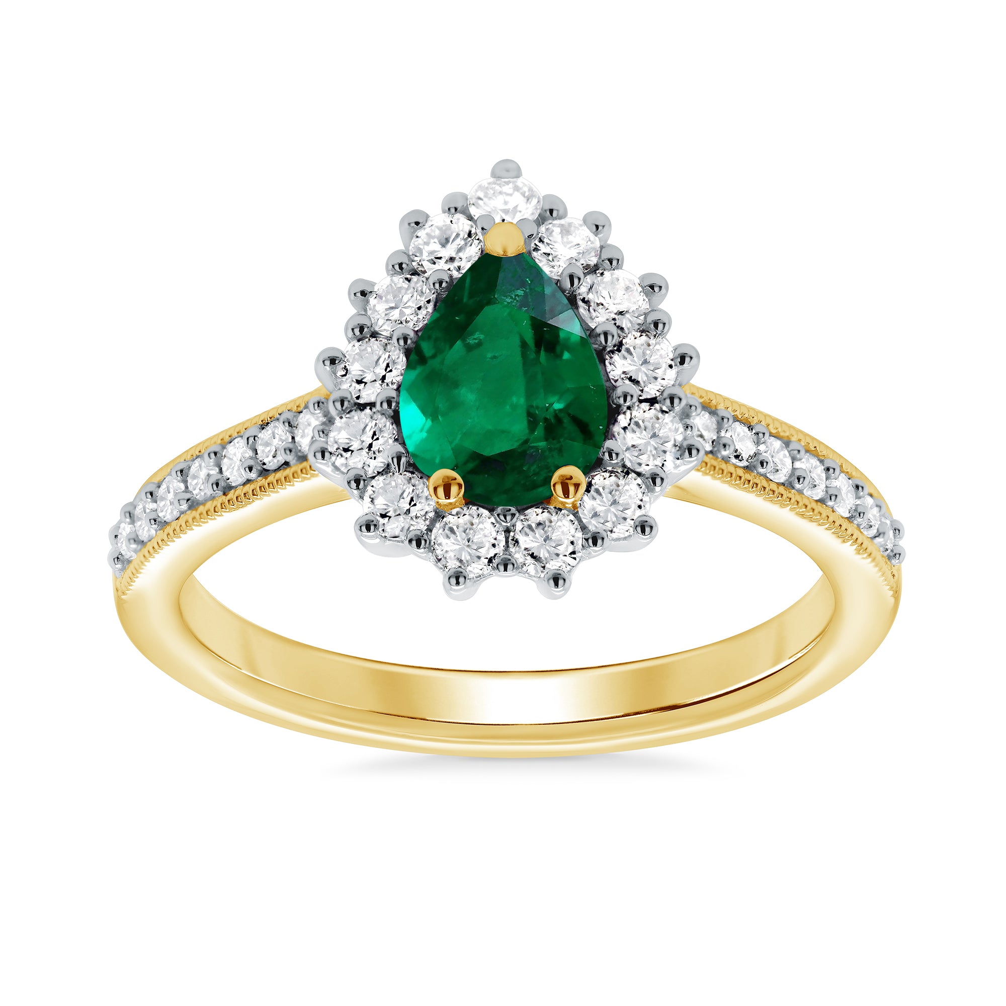 9ct gold 7x5 pear lab created emerald & E/VS diamond shoulders cluster ring 0.50cts LG
