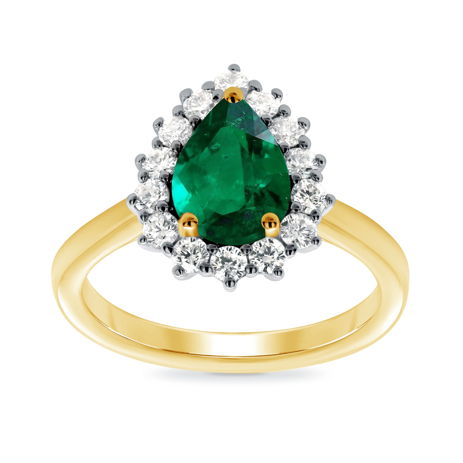 9ct gold 8x6 pear lab created emerald & E/VS diamond cluster ring 0.36cts LG