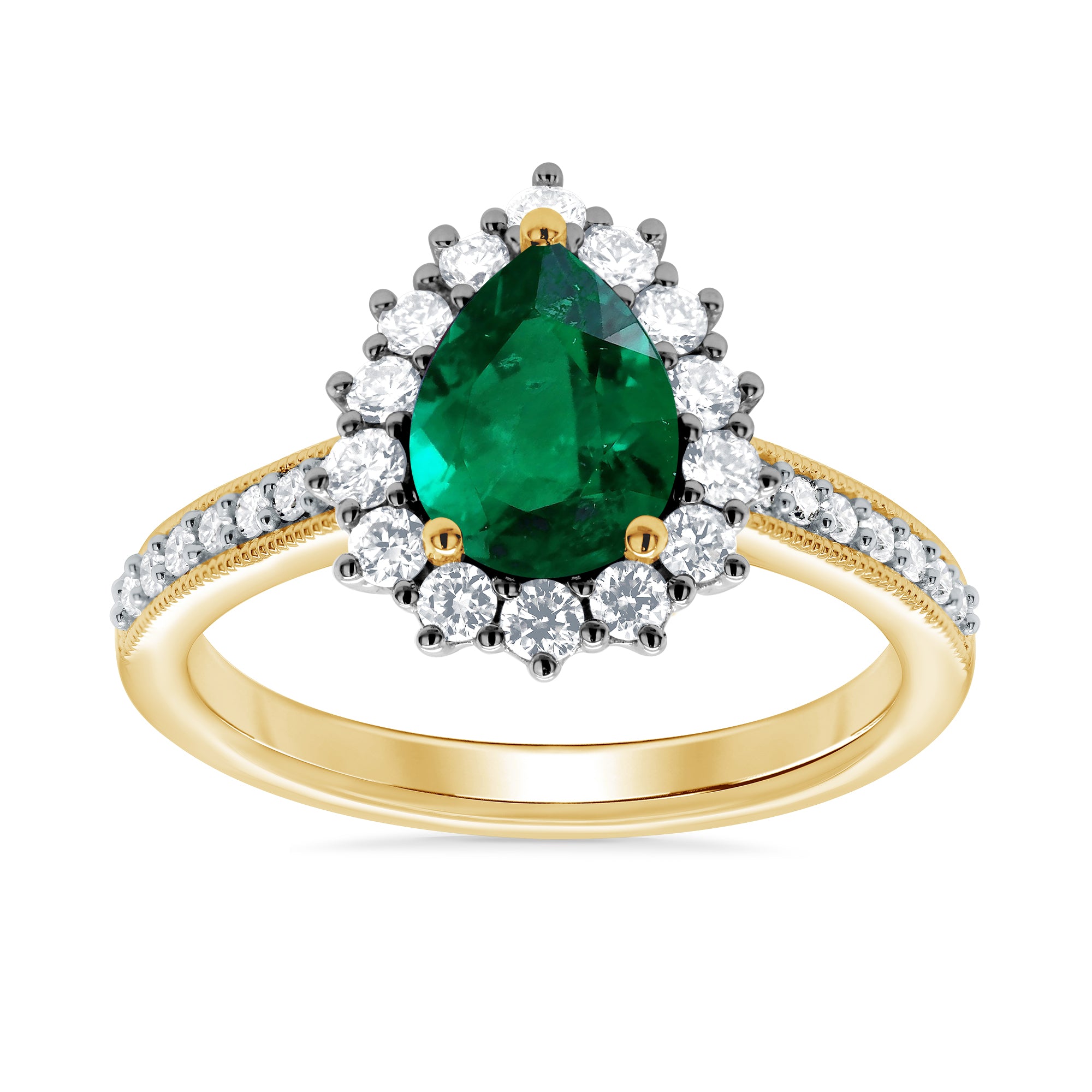 9ct gold 8x6 pear lab created emerald & E/VS diamond shoulders cluster ring 0.50cts LG