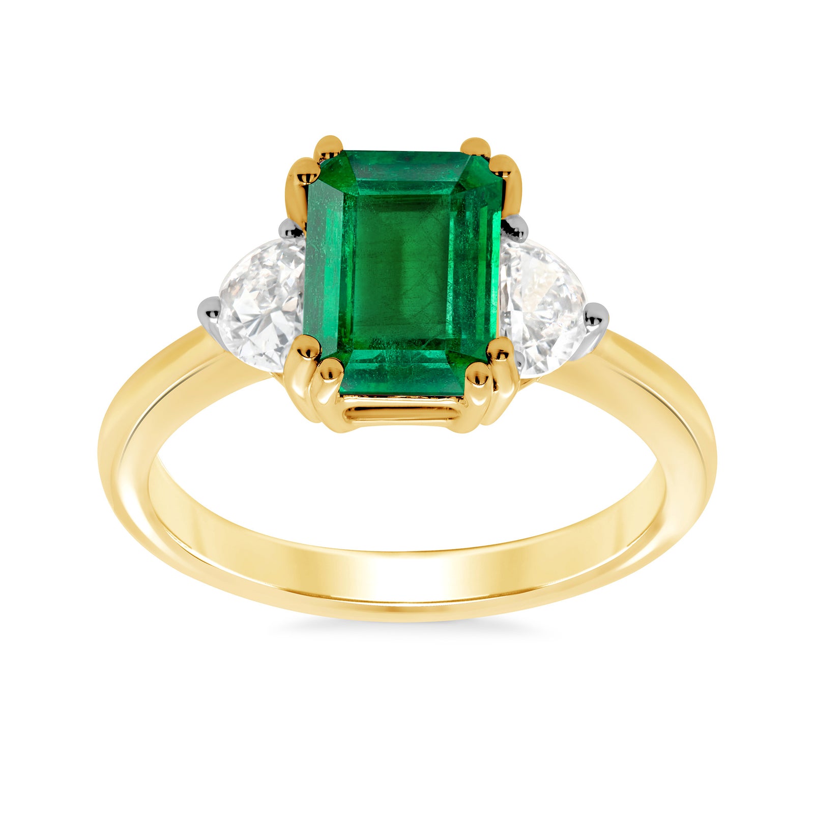 9ct gold 8.5 x 6.3mm octagonal lab created emerald & E/VS half moon diamonds ring 0.60cts LG