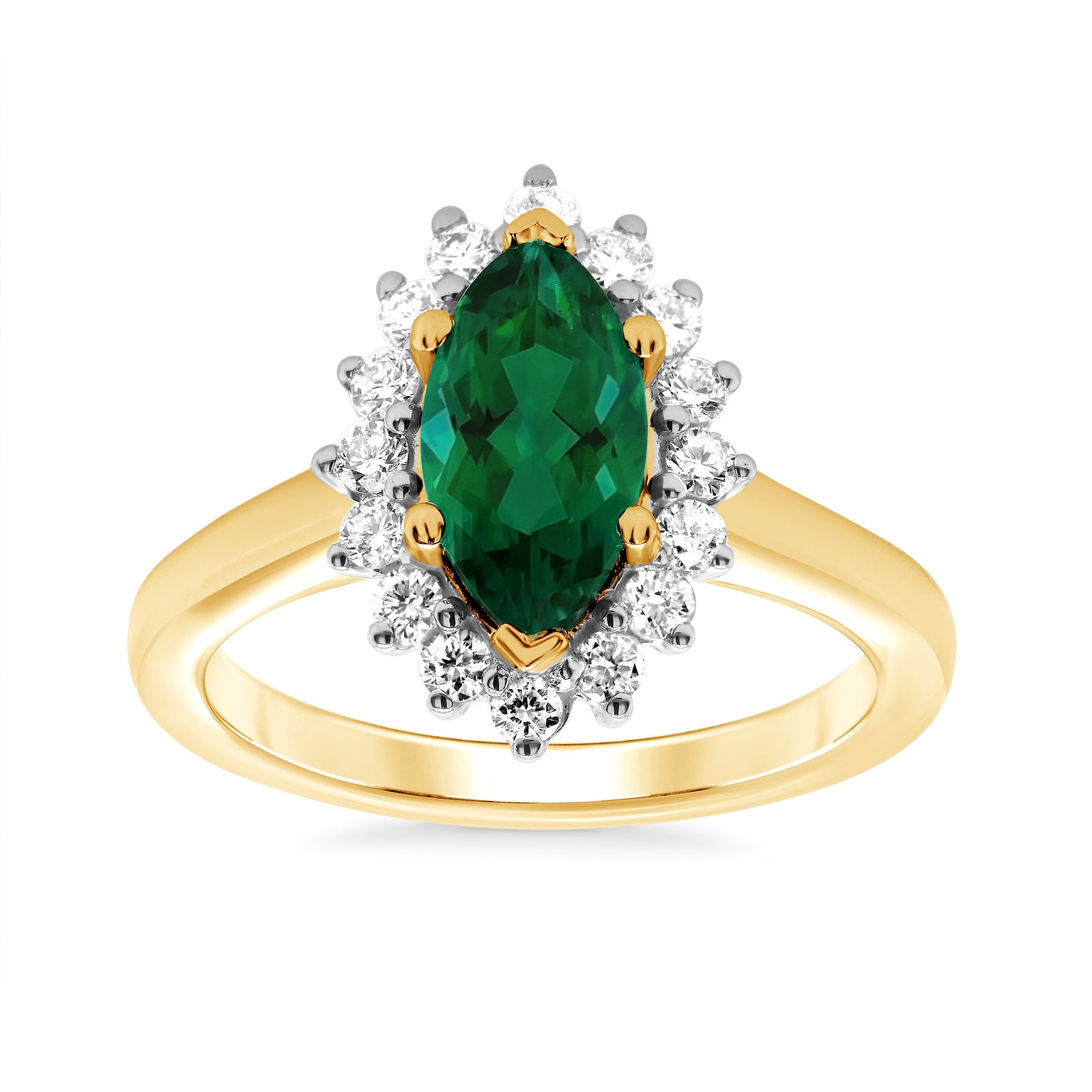 9ct gold 11x6 marquise lab created emerald & E/VS diamonds ring 0.40cts LG