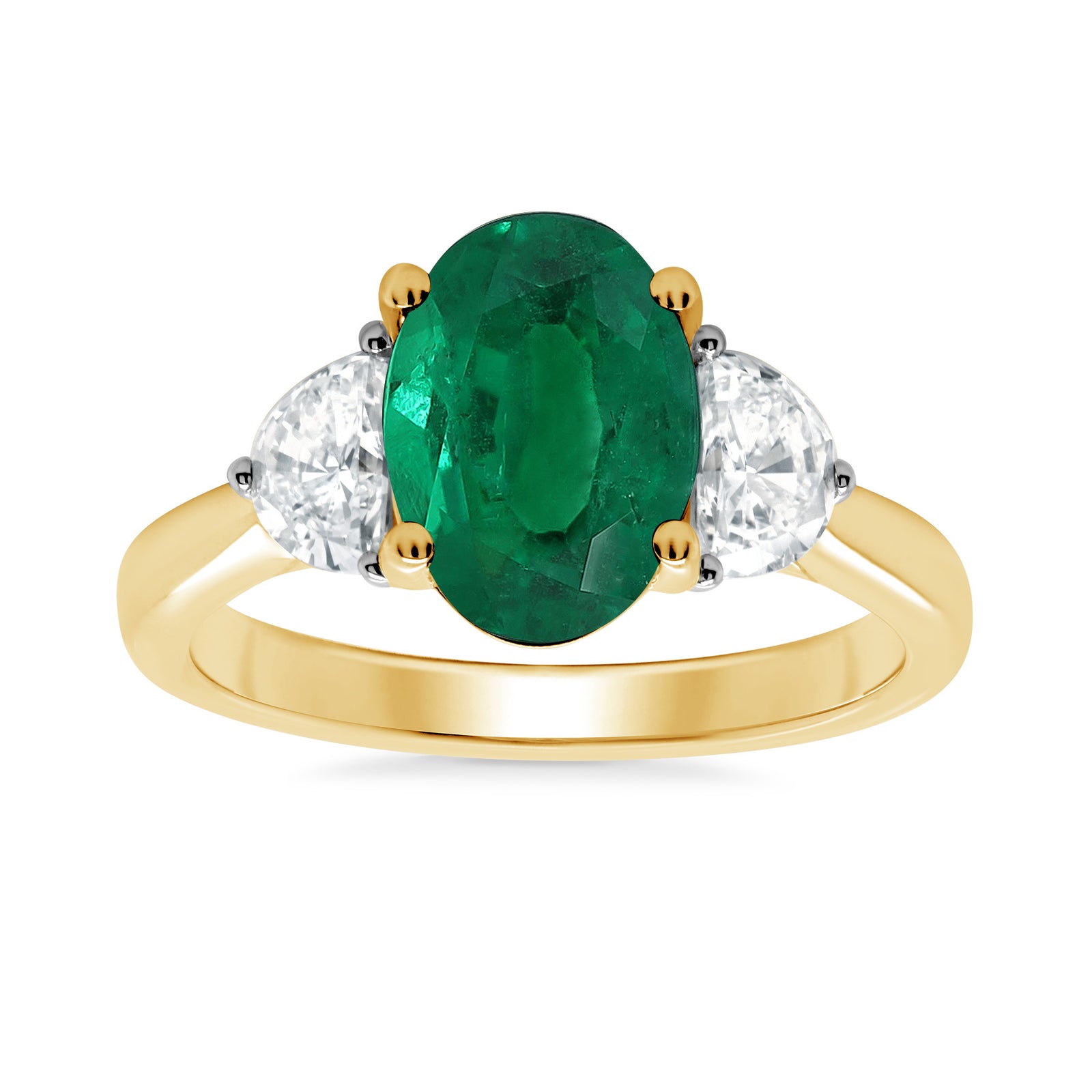 9ct gold 10.8 x 7.4mm oval lab created emerald & E/VS half moon diamonds ring 0.60cts LG