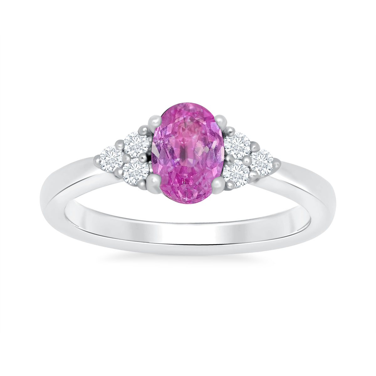 9ct White gold 7x5 oval lab created pink sapphire &amp; E/VS 3 diamonds each side ring 0.15cts LG