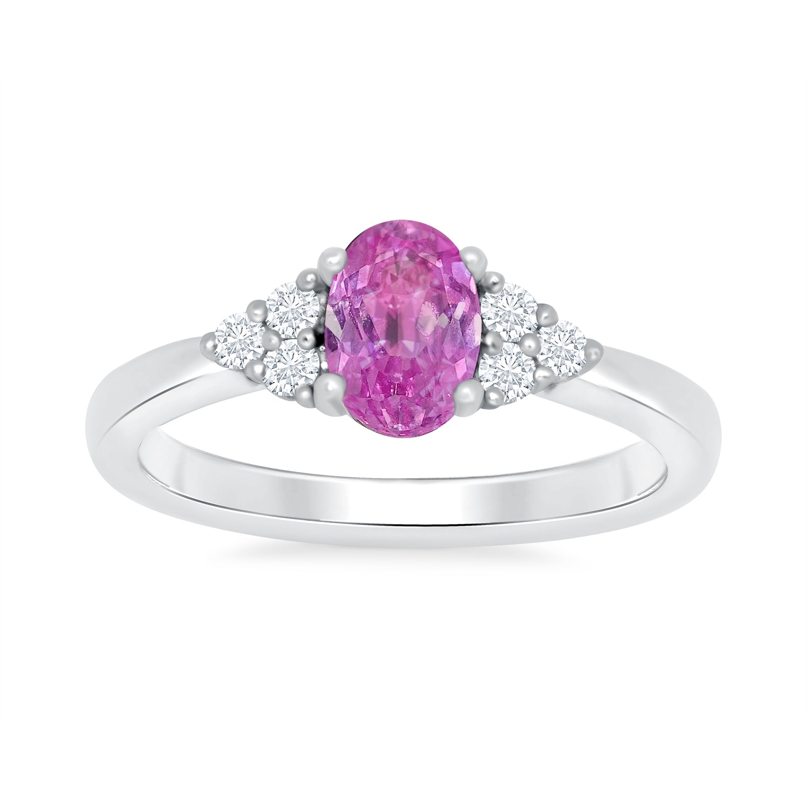 9ct White gold 7x5 oval lab created pink sapphire & E/VS 3 diamonds each side ring 0.15cts LG