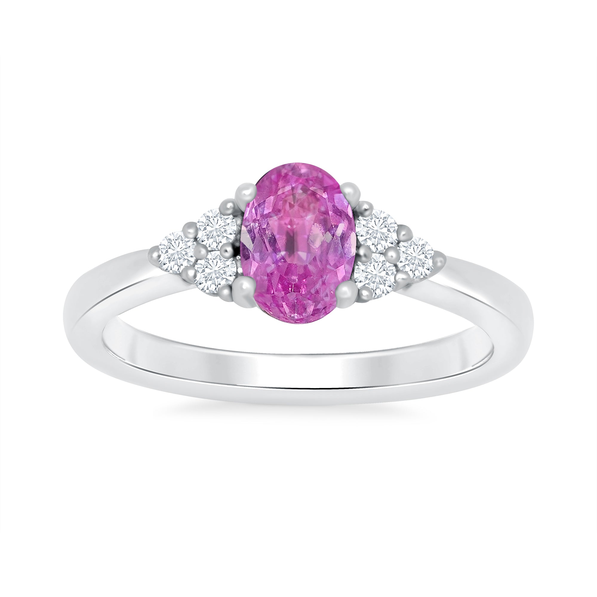 9ct White gold 7x5 oval lab created pink sapphire & E/VS 3 diamonds each side ring 0.15cts LG