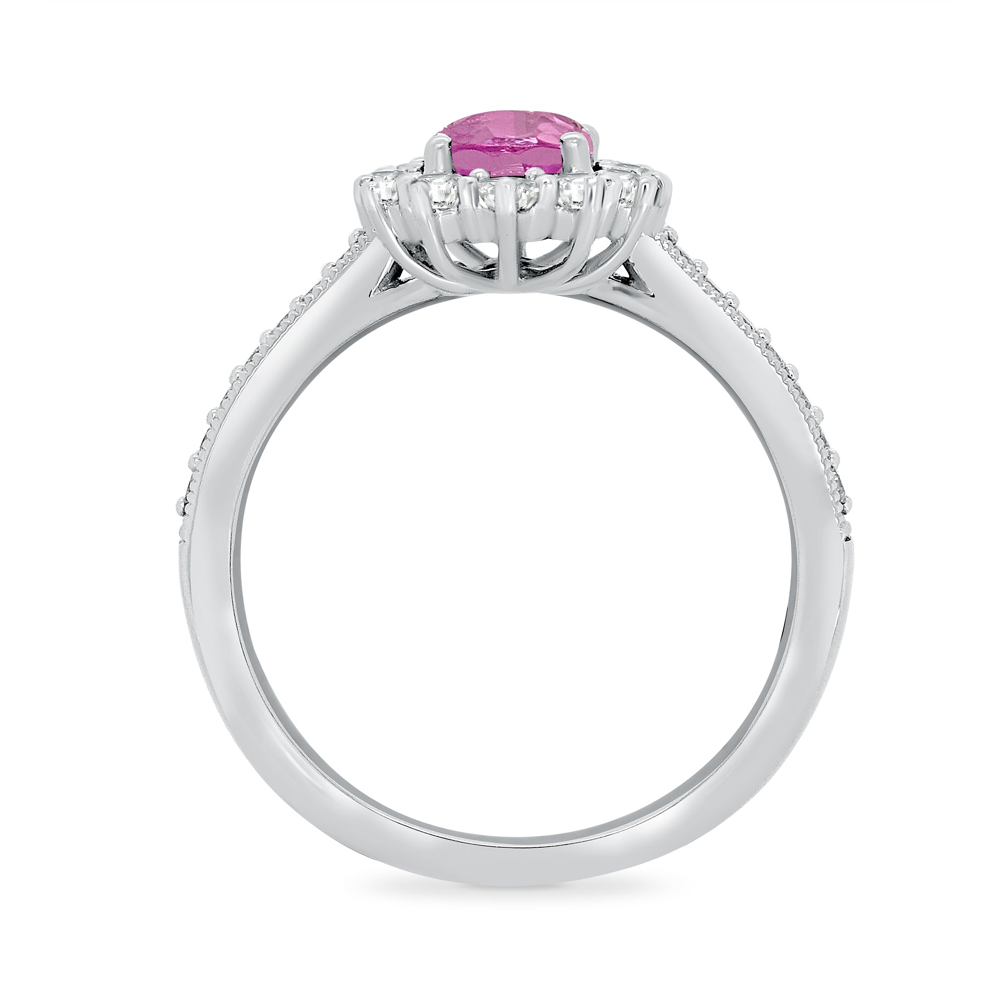 9ct White gold 7x5 oval lab created pink sapphire & E/VS diamond shoulders & cluster ring 0.50cts LG