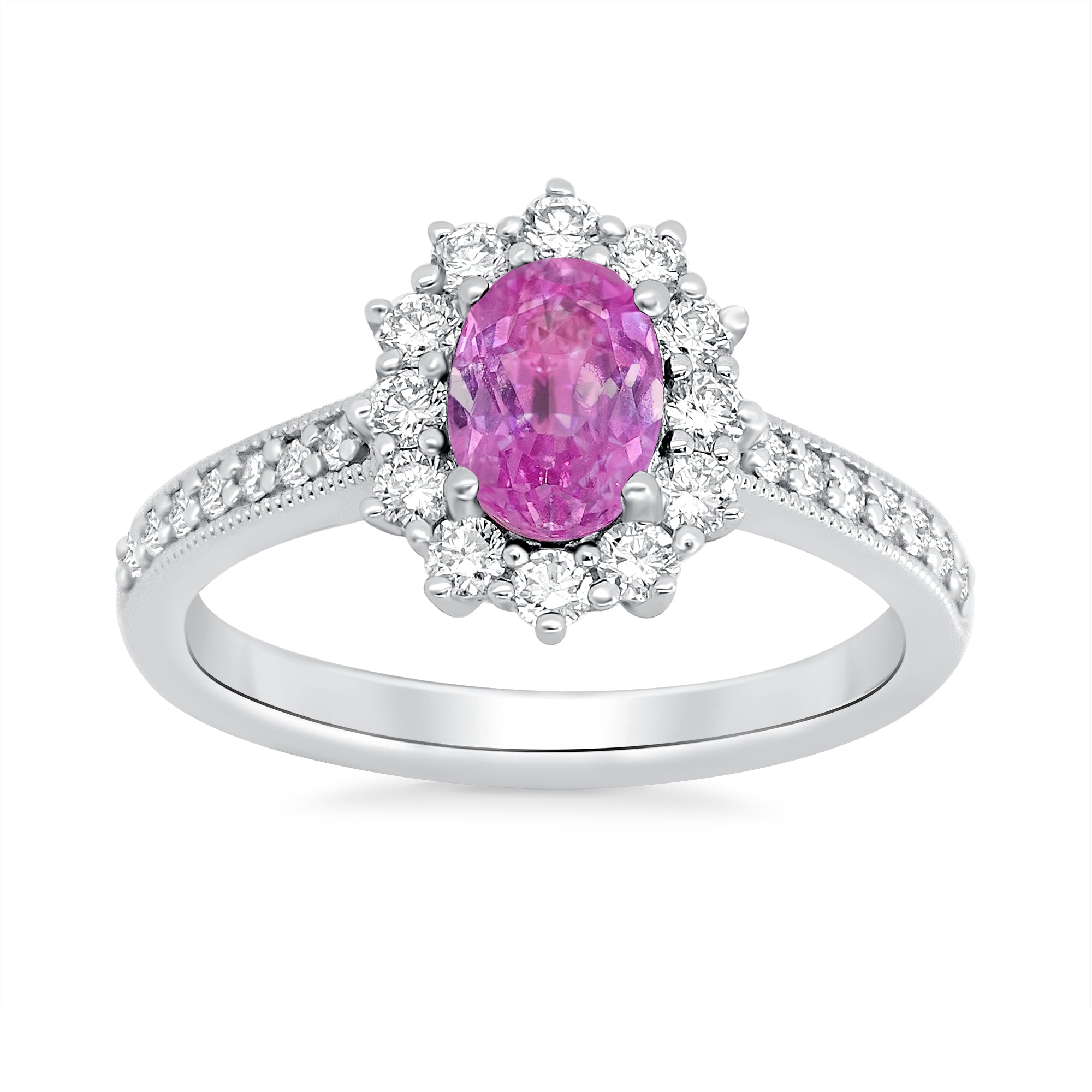 9ct White gold 7x5 oval lab created pink sapphire & E/VS diamond shoulders & cluster ring 0.50cts LG