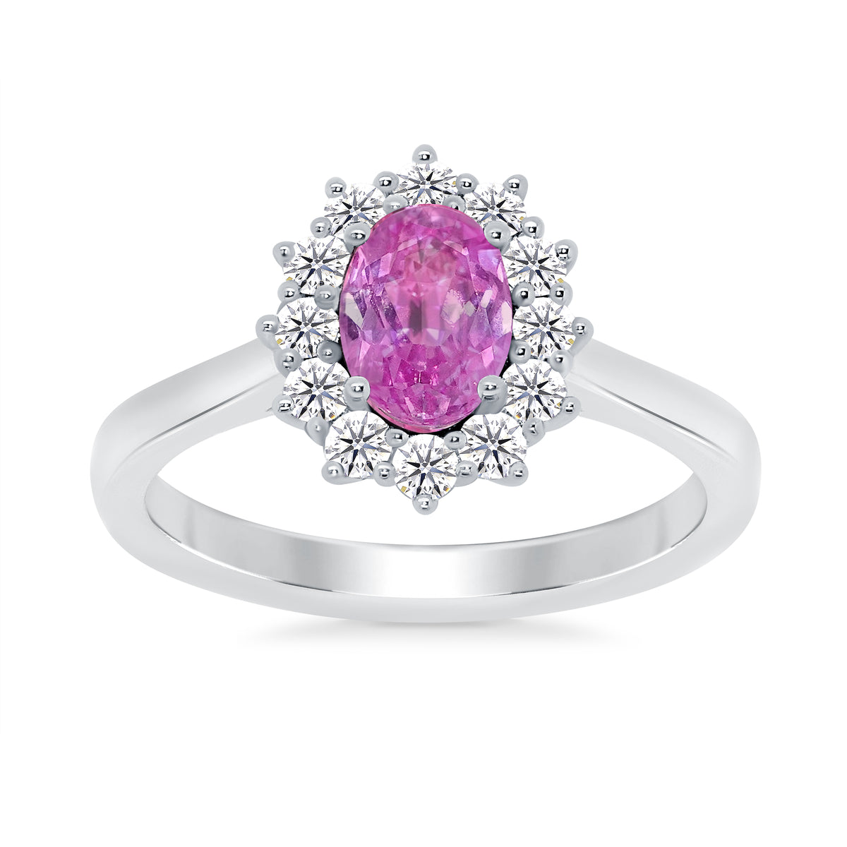 9ct White gold 7x5 oval lab created pink sapphire &amp; E/VS diamond cluster ring 0.33cts LG