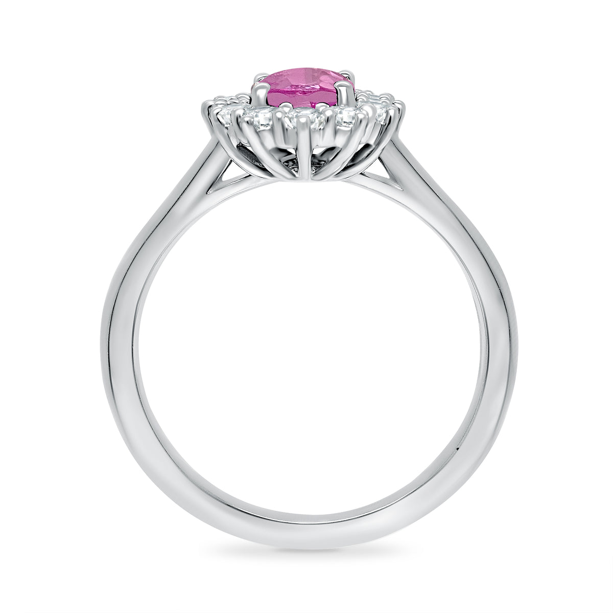 9ct White gold 7x5 oval lab created pink sapphire & E/VS diamond cluster ring 0.33cts LG