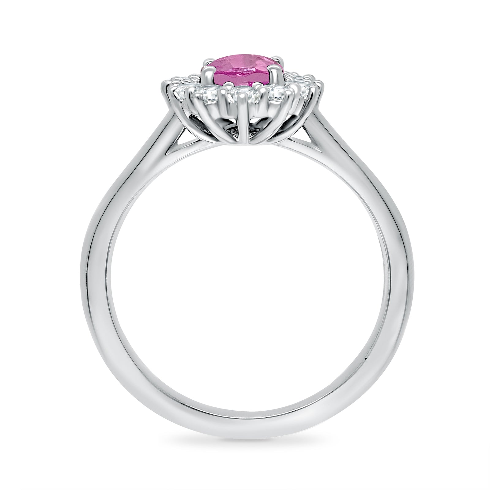 9ct White gold 7x5 oval lab created pink sapphire & E/VS diamond cluster ring 0.33cts LG