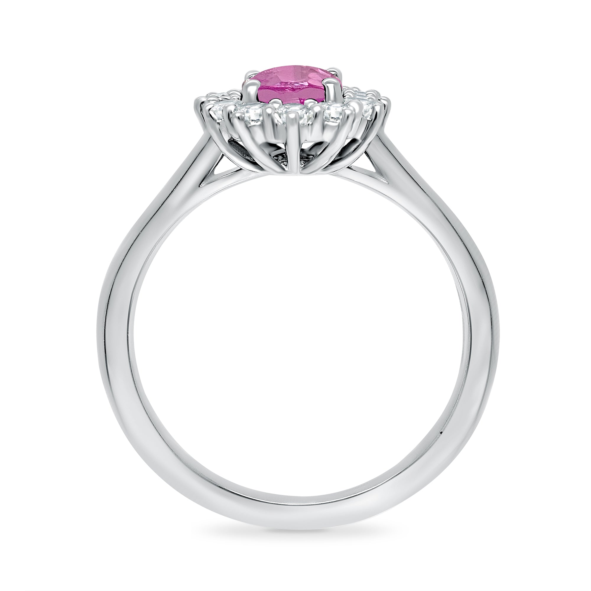 9ct White gold 7x5 oval lab created pink sapphire & E/VS diamond cluster ring 0.33cts LG