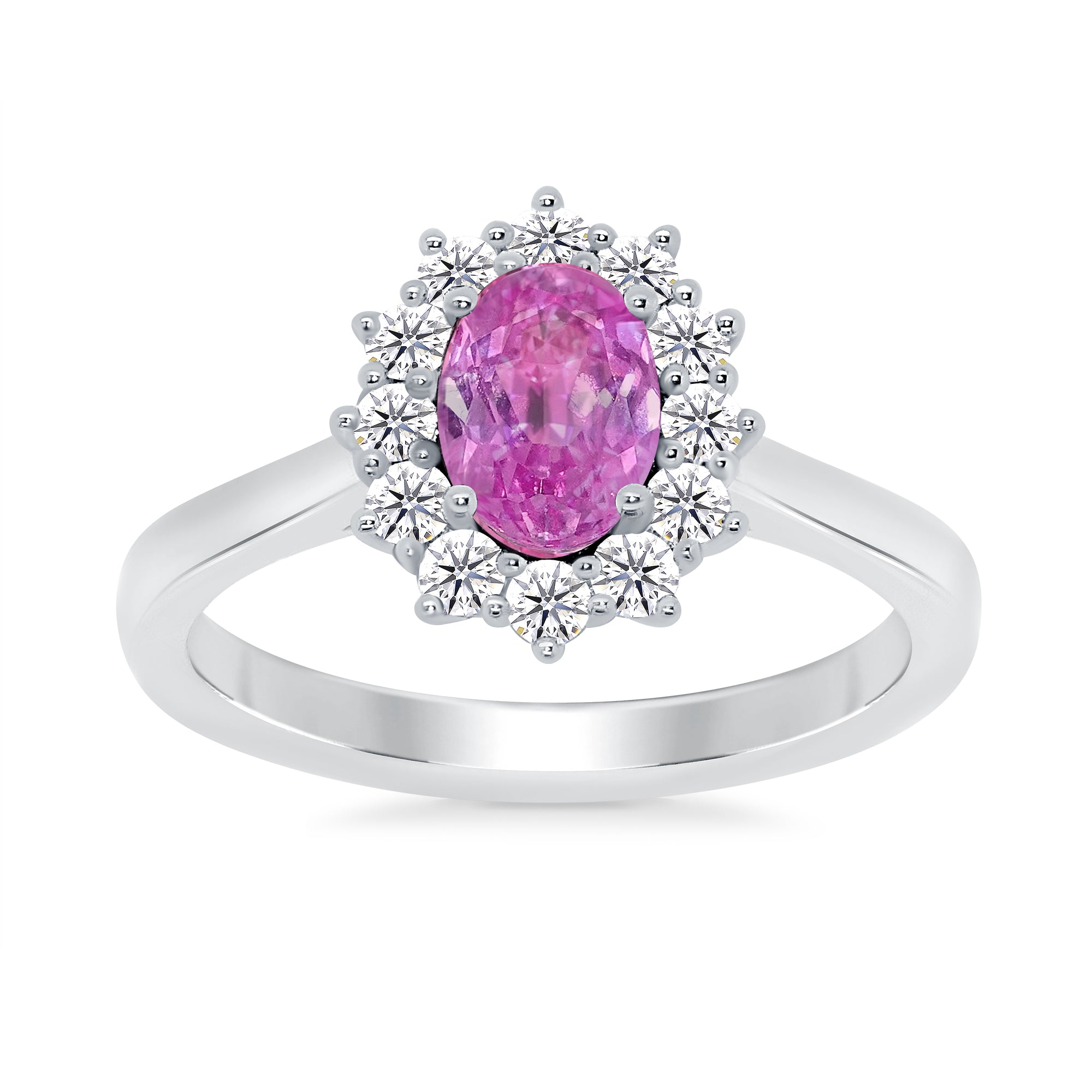 9ct White gold 7x5 oval lab created pink sapphire & E/VS diamond cluster ring 0.33cts LG