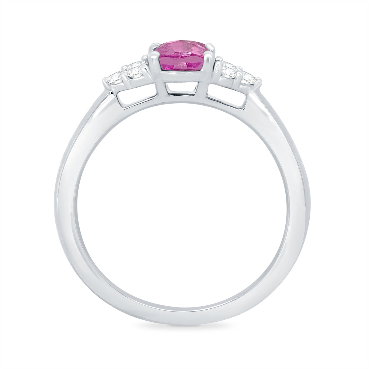 9ct white gold 8x6 oval lab created pink sapphire & 3 E/VS diamonds each side ring 0.15cts LG