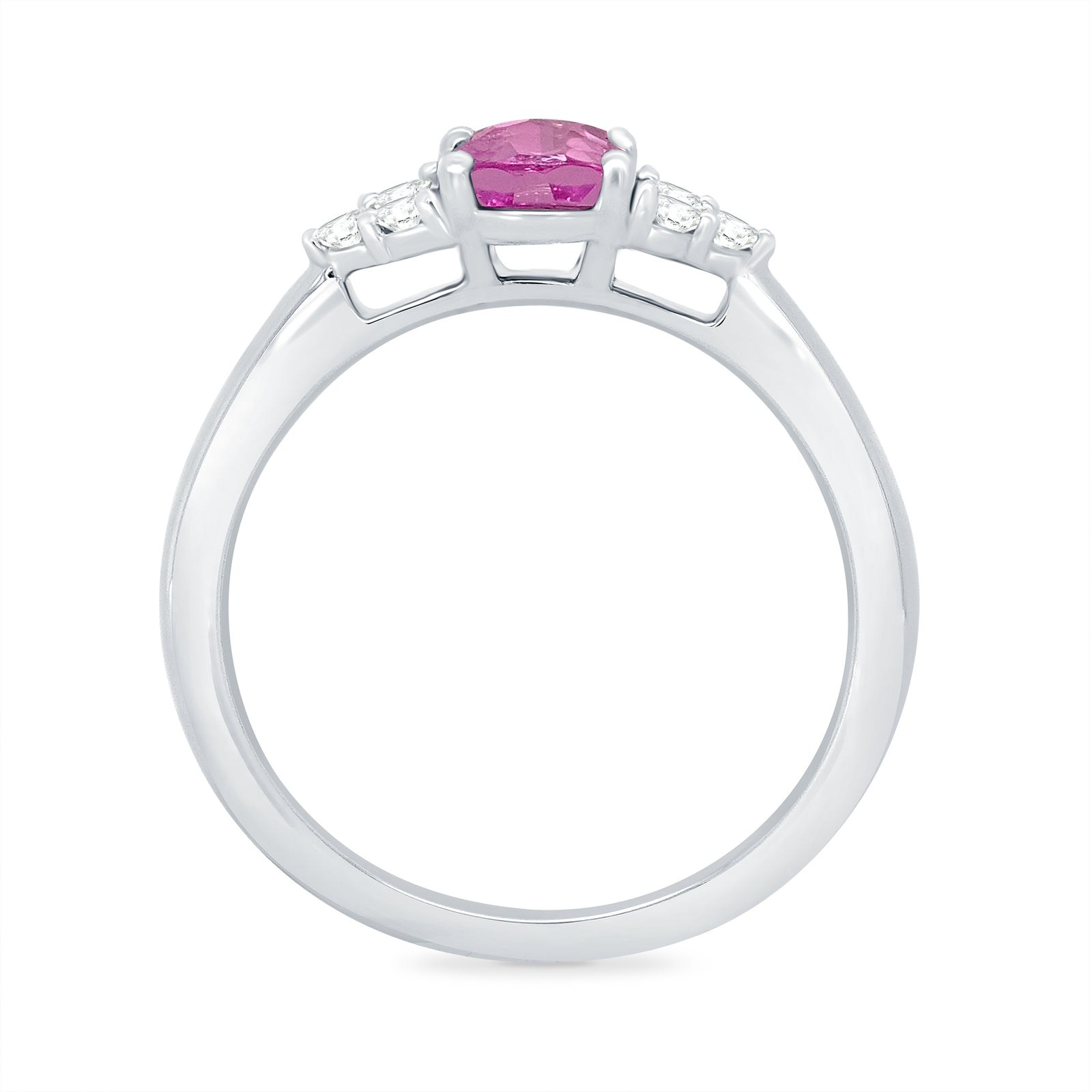 9ct white gold 8x6 oval lab created pink sapphire & 3 E/VS diamonds each side ring 0.15cts LG