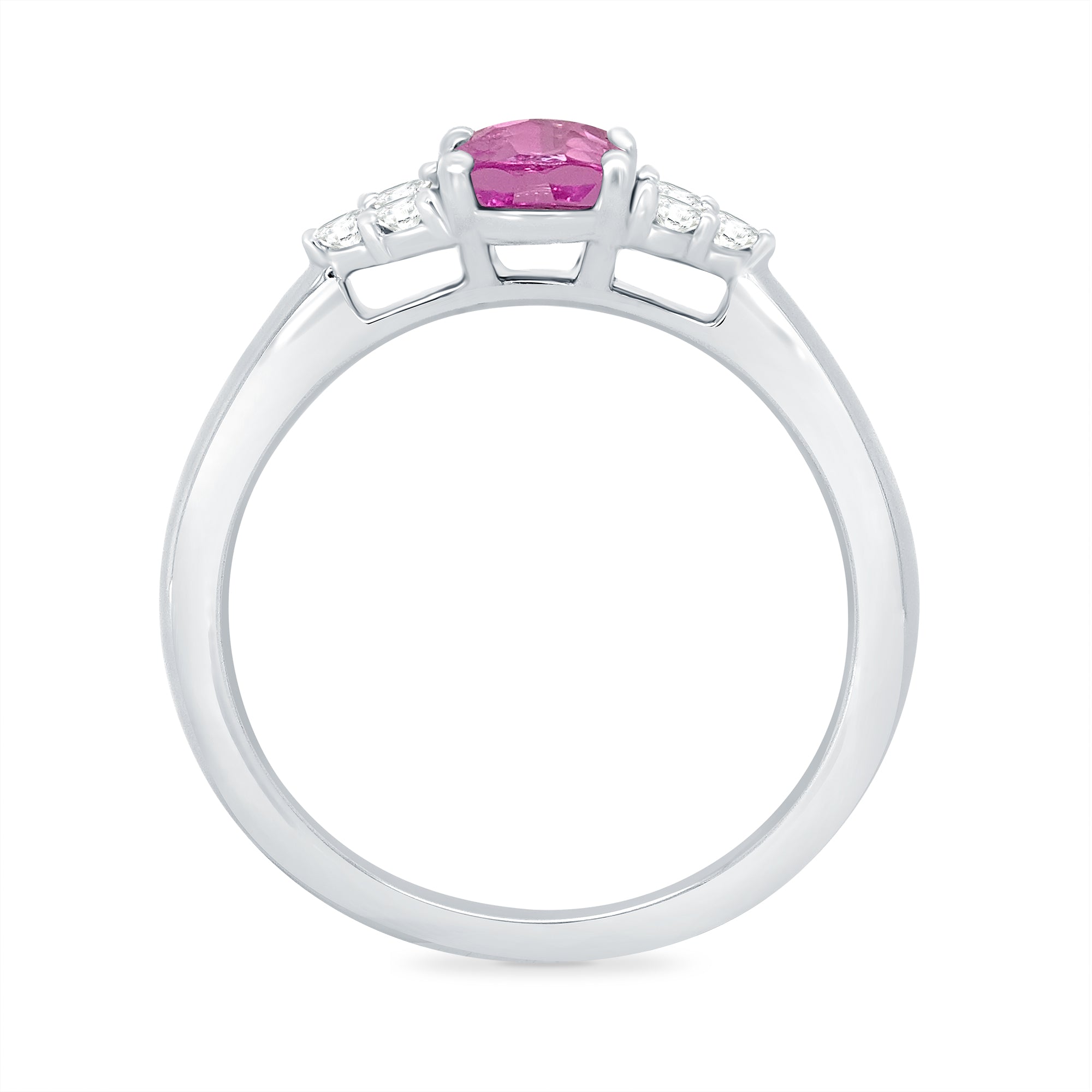 9ct white gold 8x6 oval lab created pink sapphire & 3 E/VS diamonds each side ring 0.15cts LG