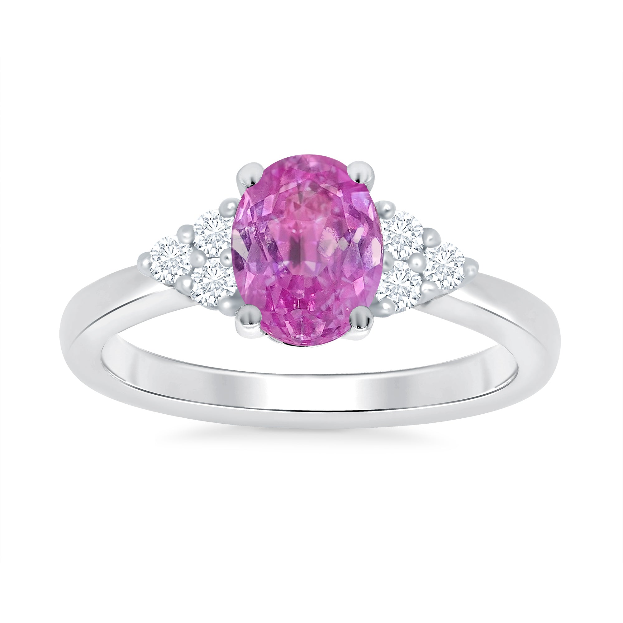 9ct white gold 8x6 oval lab created pink sapphire & 3 E/VS diamonds each side ring 0.15cts LG