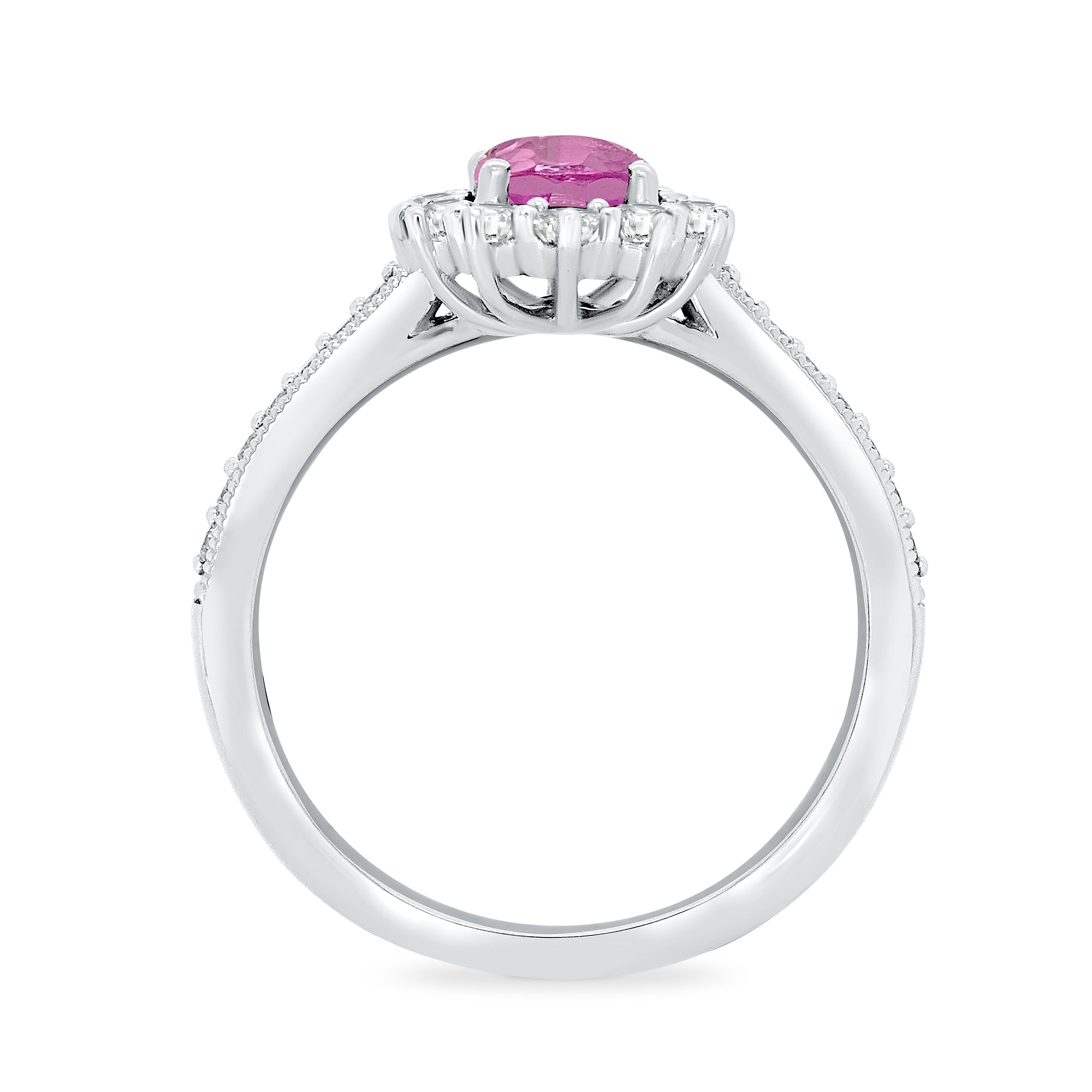 9ct white gold 8x6 oval lab created pink sapphire & E/VS diamond shoulders cluster ring 0.50cts LG