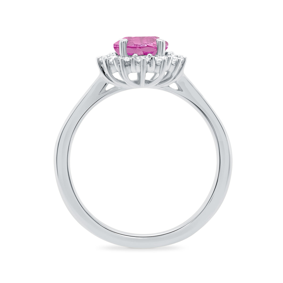 9ct white gold 8x6 oval lab created pink sapphire & E/VS diamond cluster ring 0.36cts LG