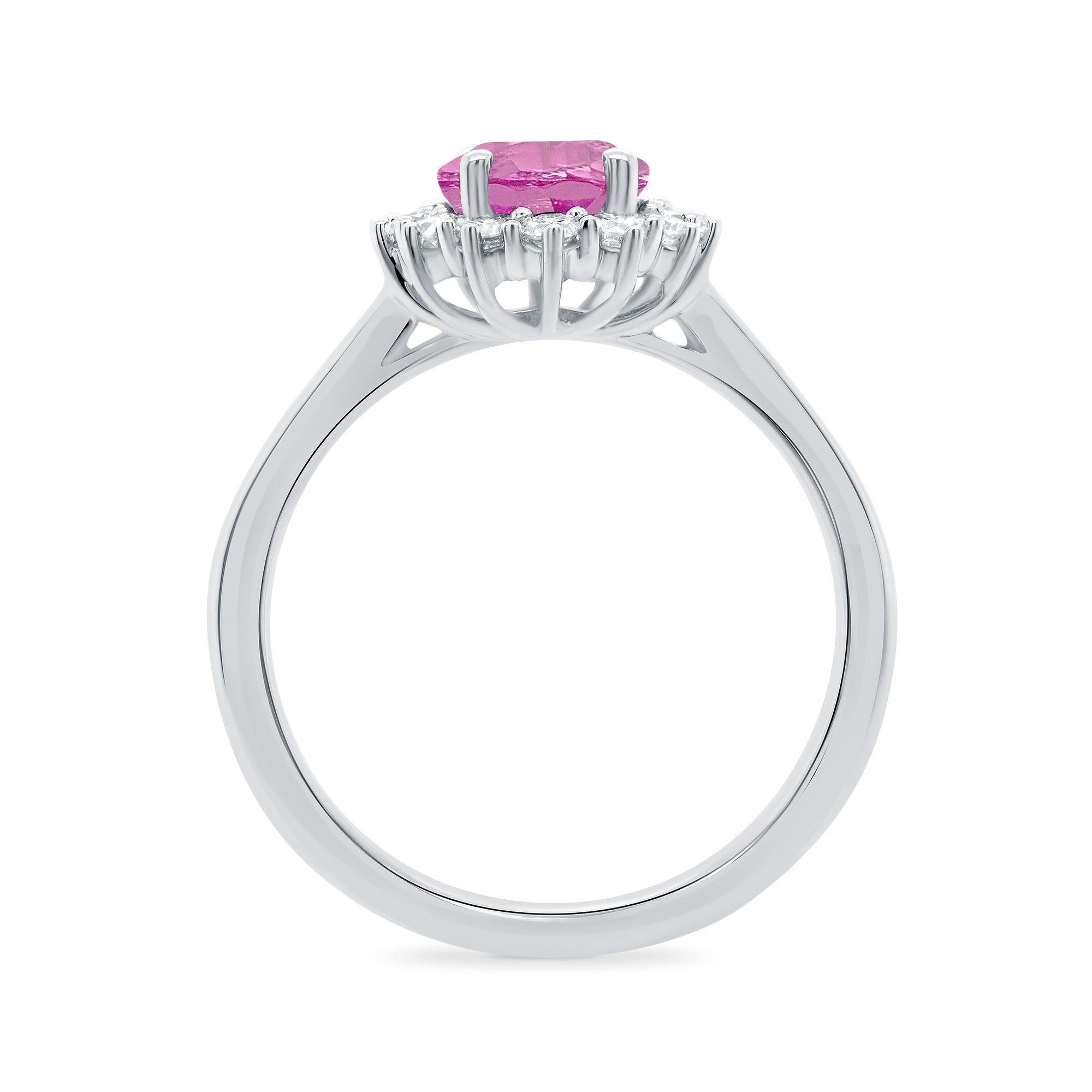 9ct white gold 8x6 oval lab created pink sapphire & E/VS diamond cluster ring 0.36cts LG
