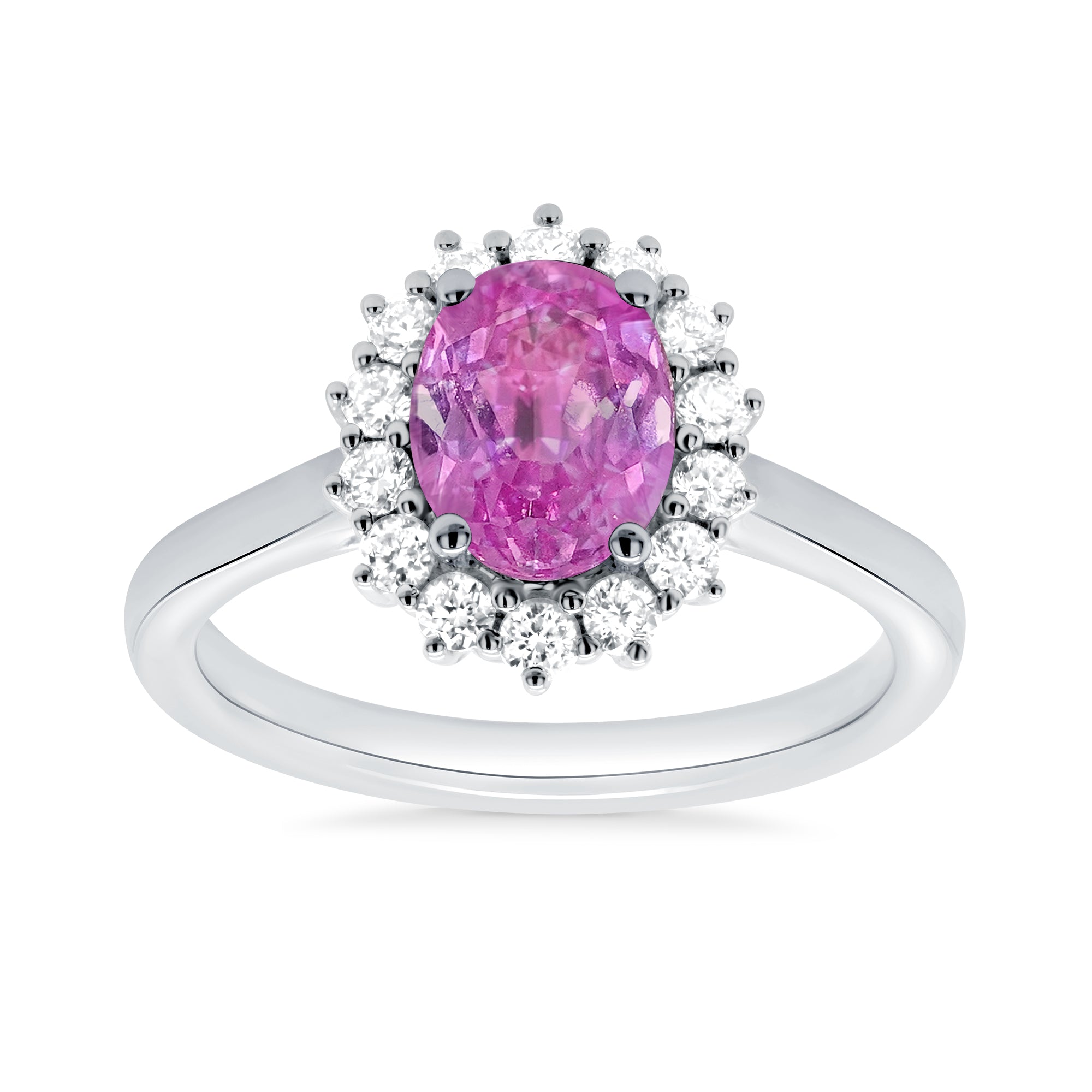 9ct white gold 8x6 oval lab created pink sapphire & E/VS diamond cluster ring 0.36cts LG