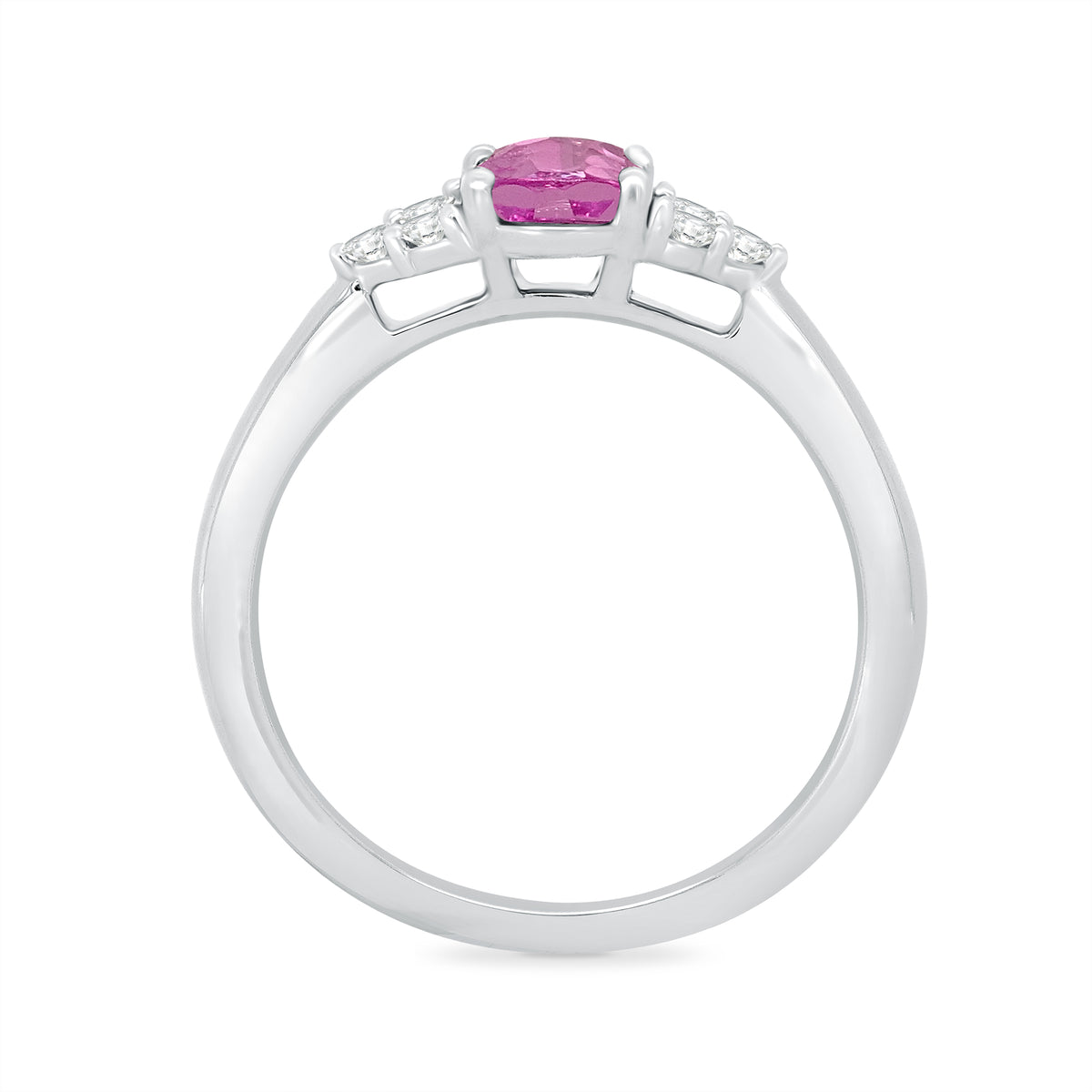 9ct white gold 9x7 oval lab created pink sapphire & 3 E/VS diamonds each side ring 0.15cts LG
