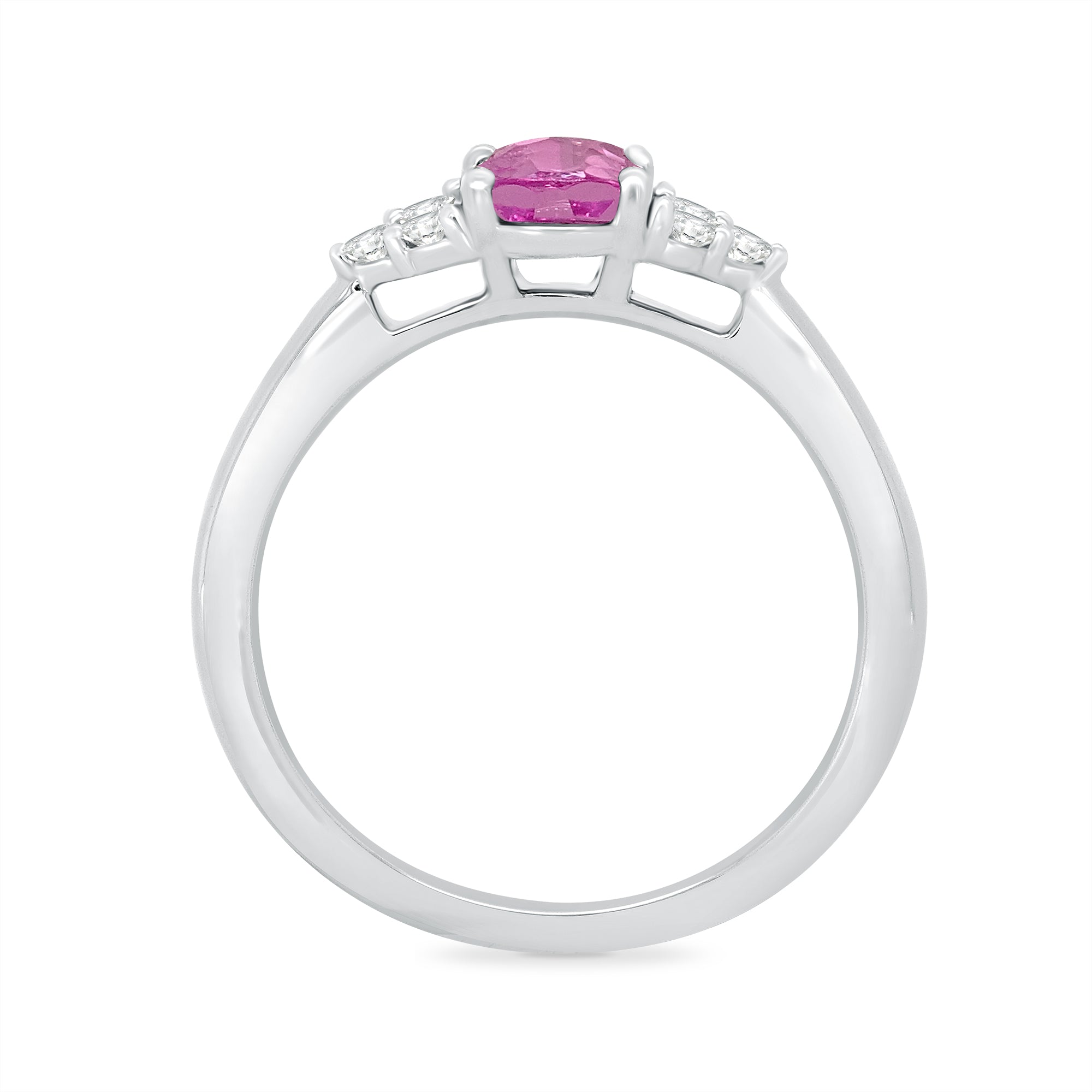 9ct white gold 9x7 oval lab created pink sapphire & 3 E/VS diamonds each side ring 0.15cts LG