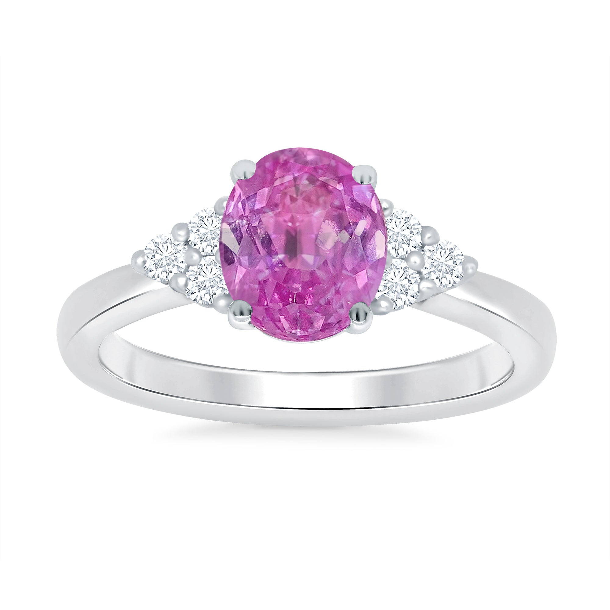 9ct white gold 9x7 oval lab created pink sapphire & 3 E/VS diamonds each side ring 0.15cts LG