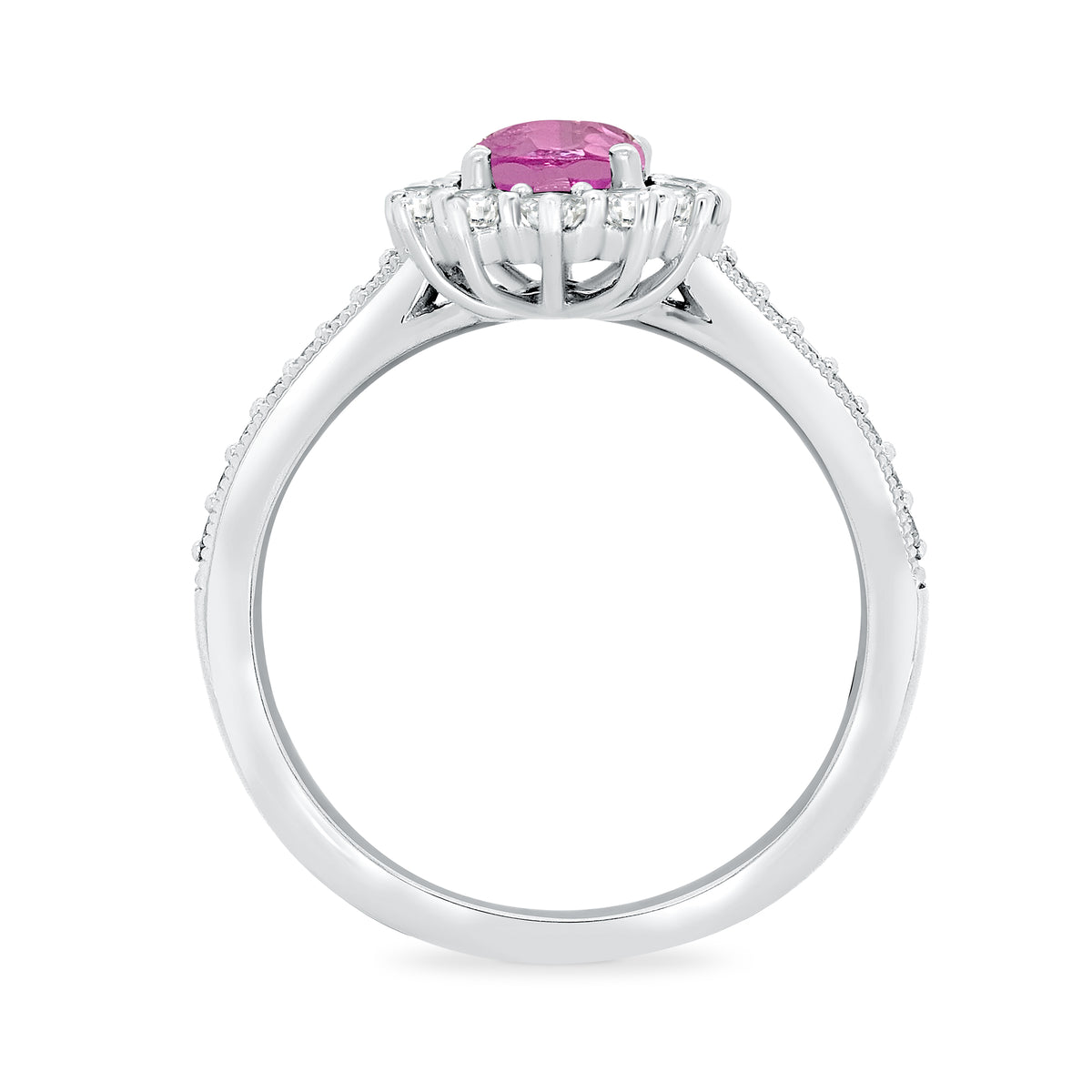 9ct white gold 9x7 oval lab created pink sapphire & E/VS diamond shoulders cluster ring 0.50cts LG