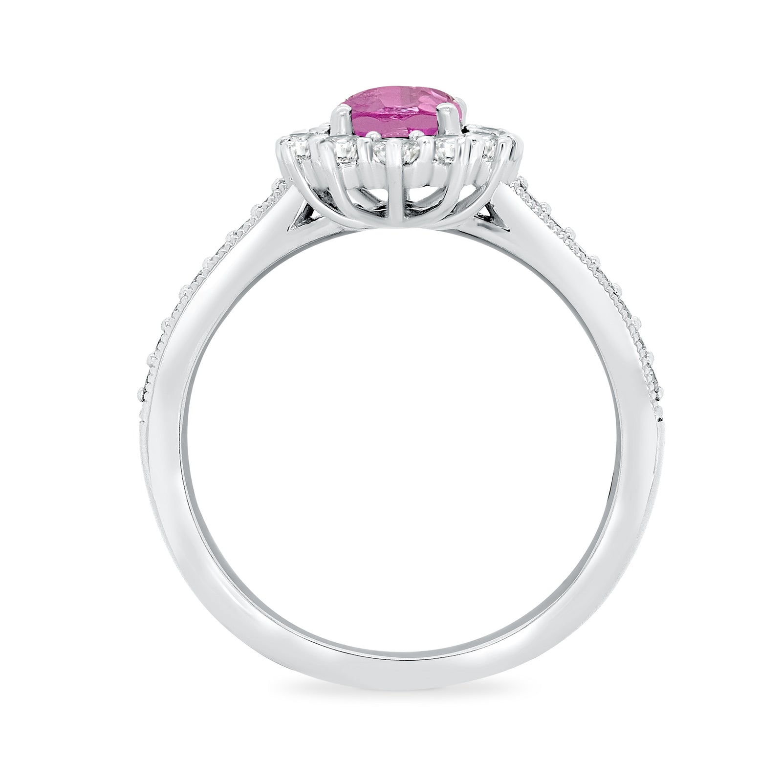 9ct white gold 9x7 oval lab created pink sapphire & E/VS diamond shoulders cluster ring 0.50cts LG