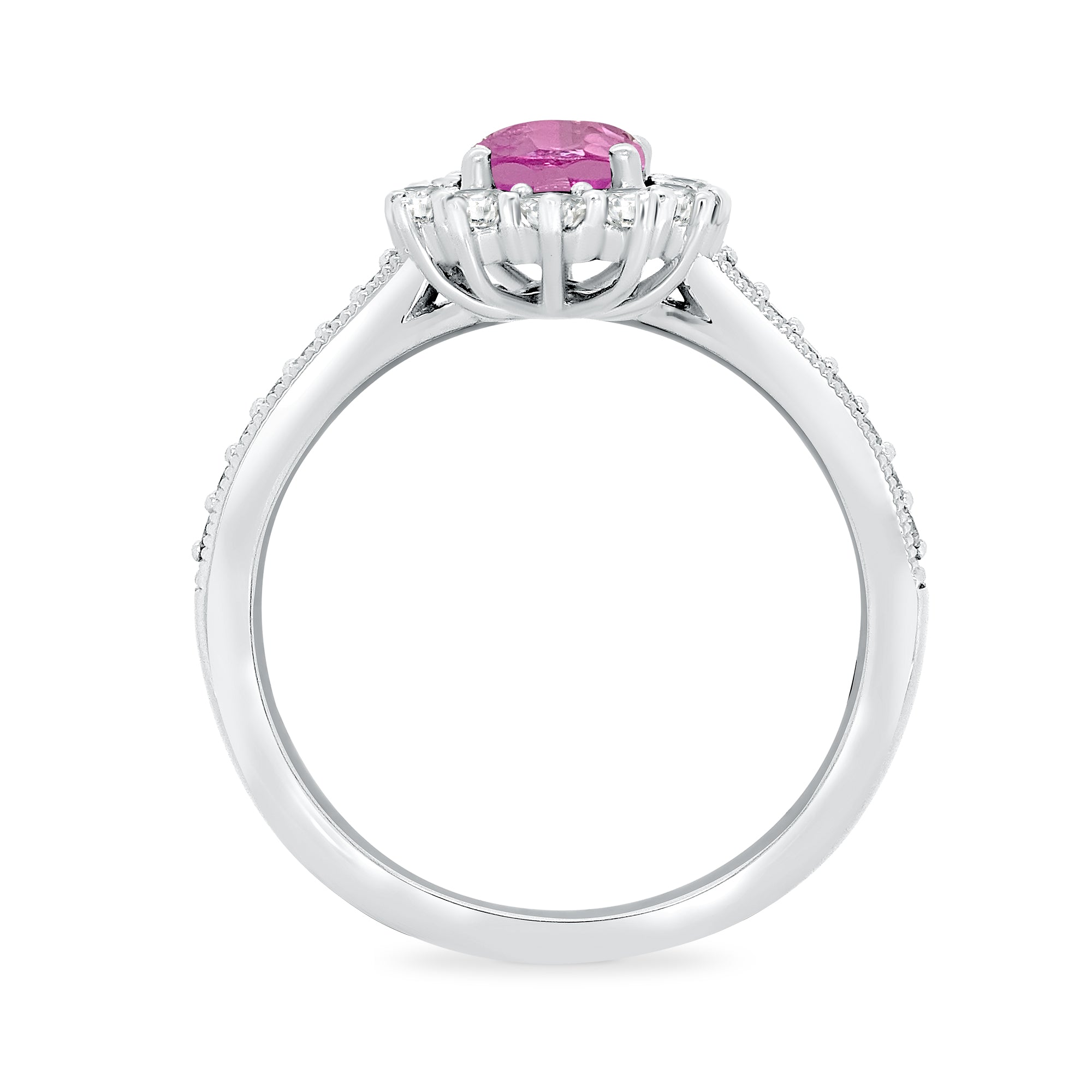 9ct white gold 9x7 oval lab created pink sapphire & E/VS diamond shoulders cluster ring 0.50cts LG