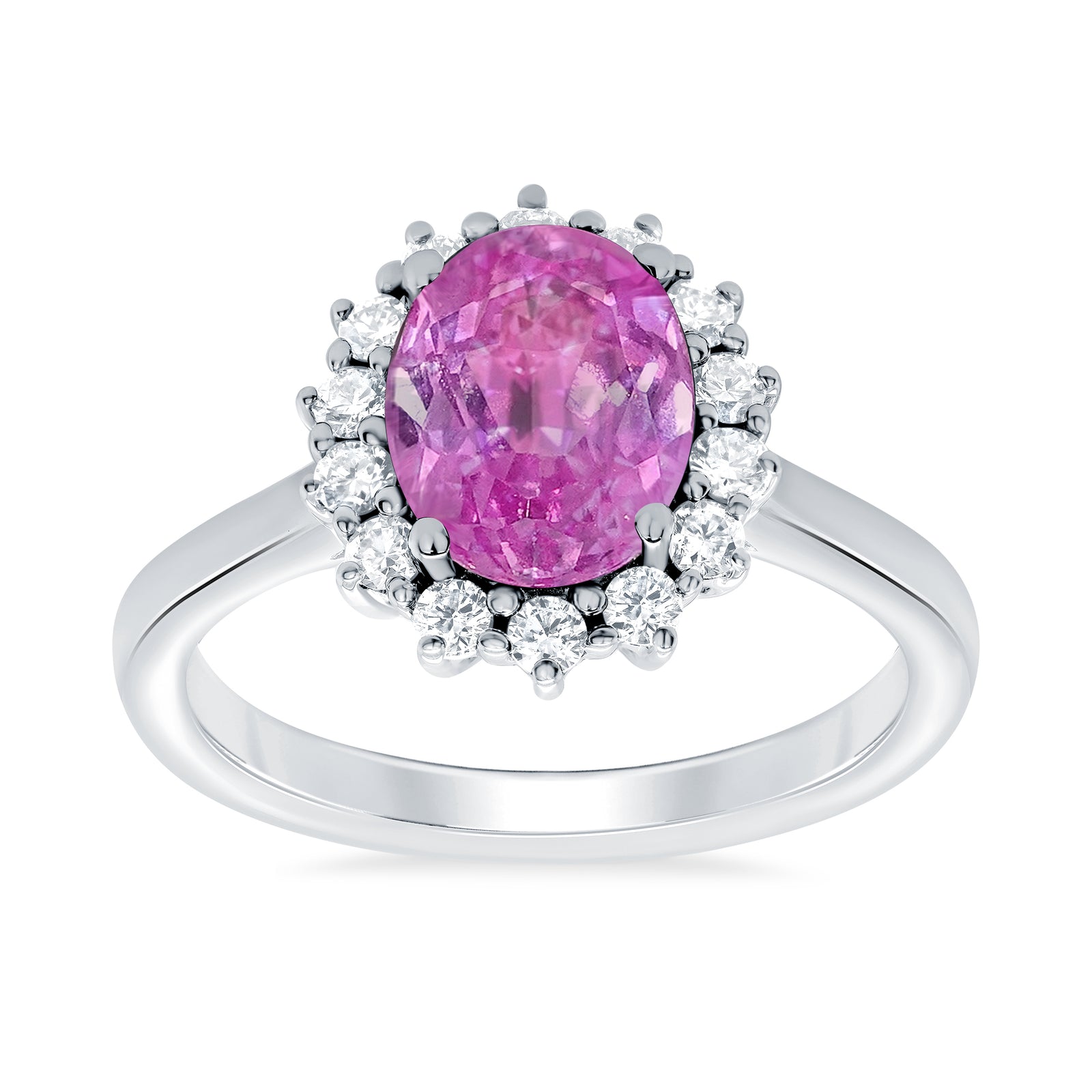 9ct white gold 9x7 oval lab created pink sapphire & E/VS diamond cluster ring 0.36cts LG