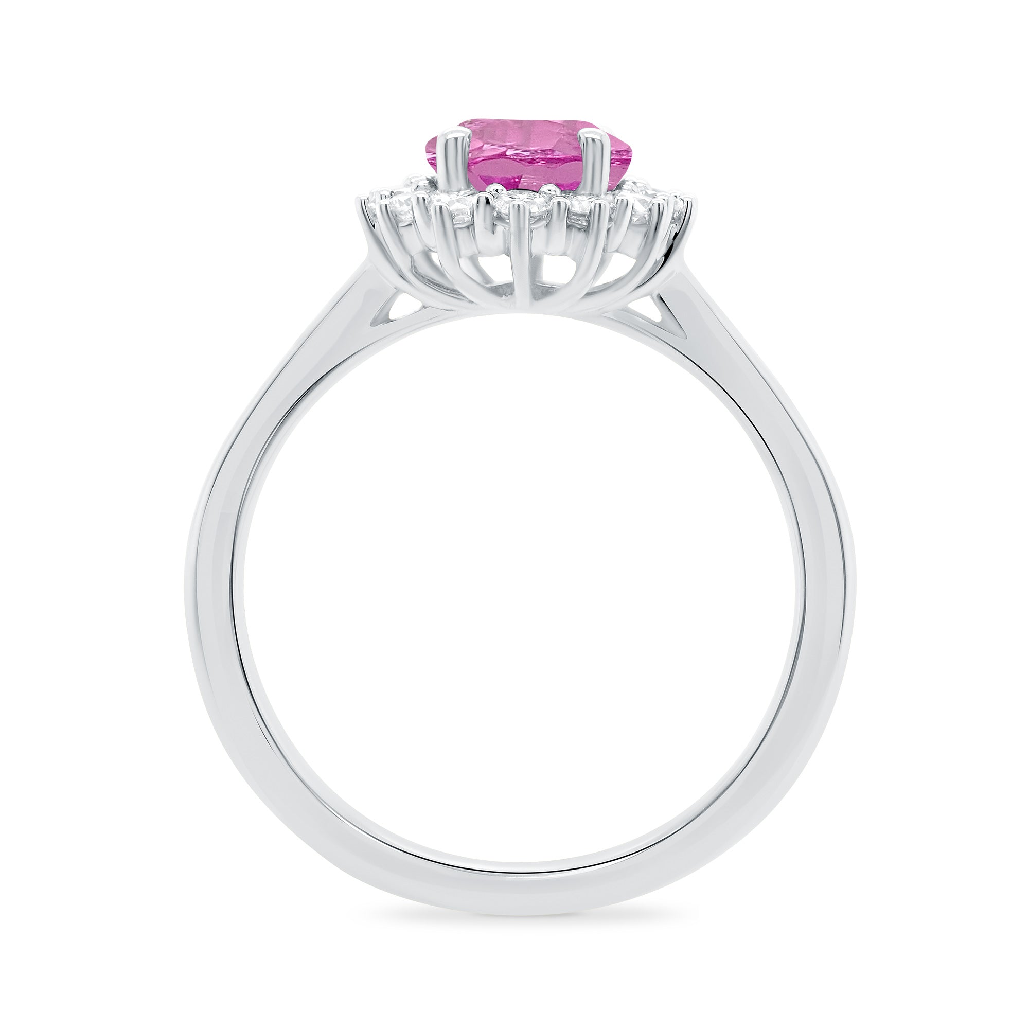 9ct white gold 9x7 oval lab created pink sapphire & E/VS diamond cluster ring 0.36cts LG