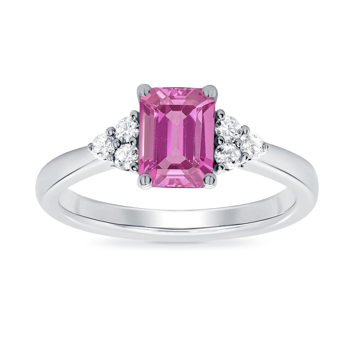 9ct white gold 7x5 octagonal lab created pink sapphire &amp; 3 E/VS diamonds each side ring 0.15cts LG