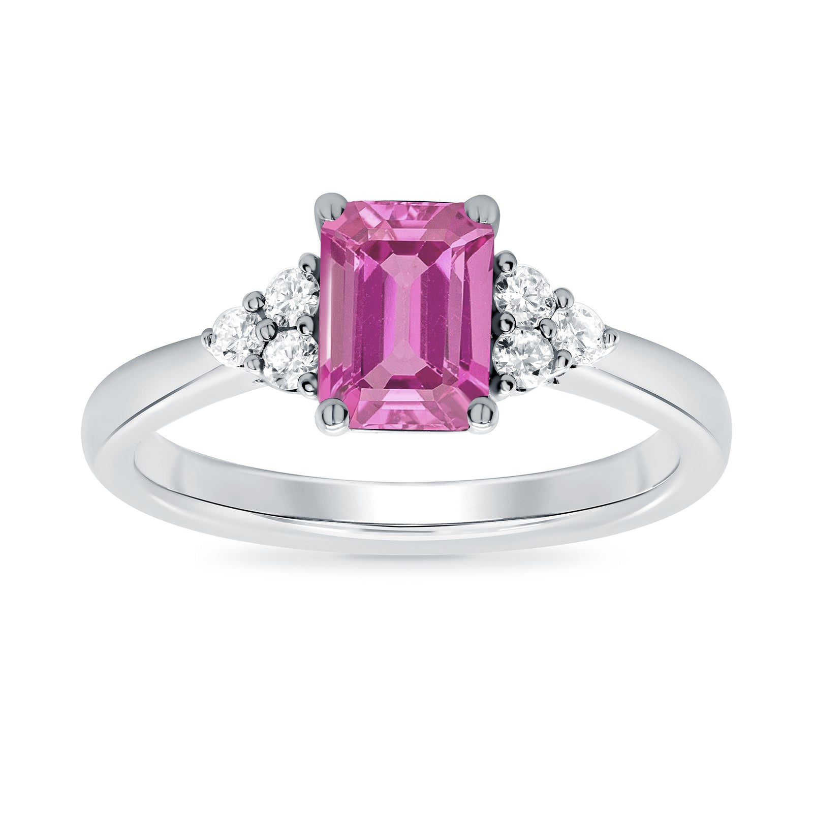 9ct white gold 7x5 octagonal lab created pink sapphire & 3 E/VS diamonds each side ring 0.15cts LG