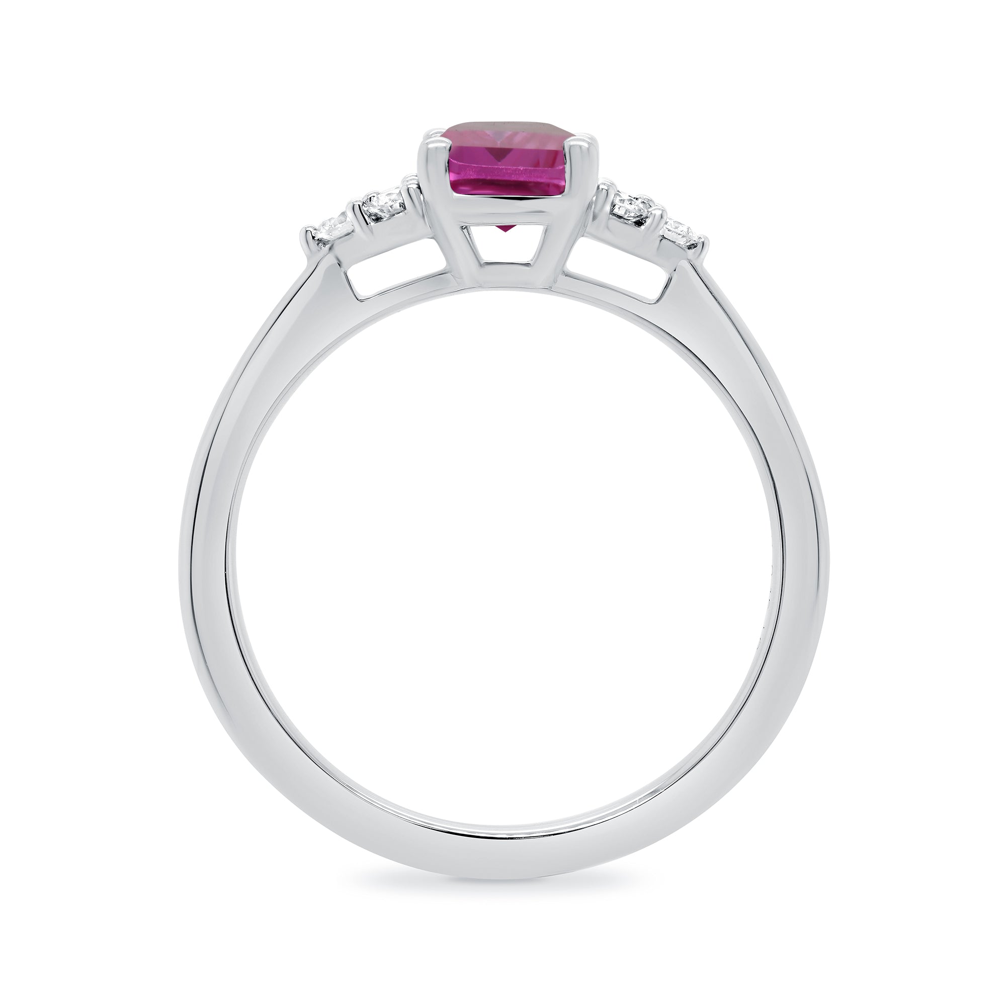 9ct white gold 7x5 octagonal lab created pink sapphire & 3 E/VS diamonds each side ring 0.15cts LG