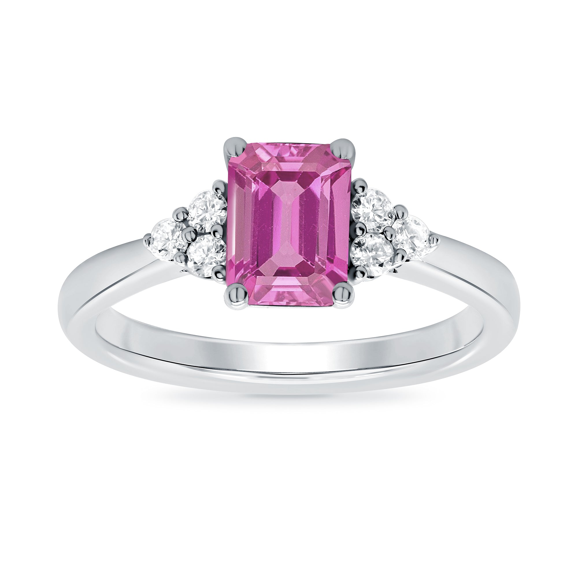 9ct white gold 7x5 octagonal lab created pink sapphire & 3 E/VS diamonds each side ring 0.15cts LG