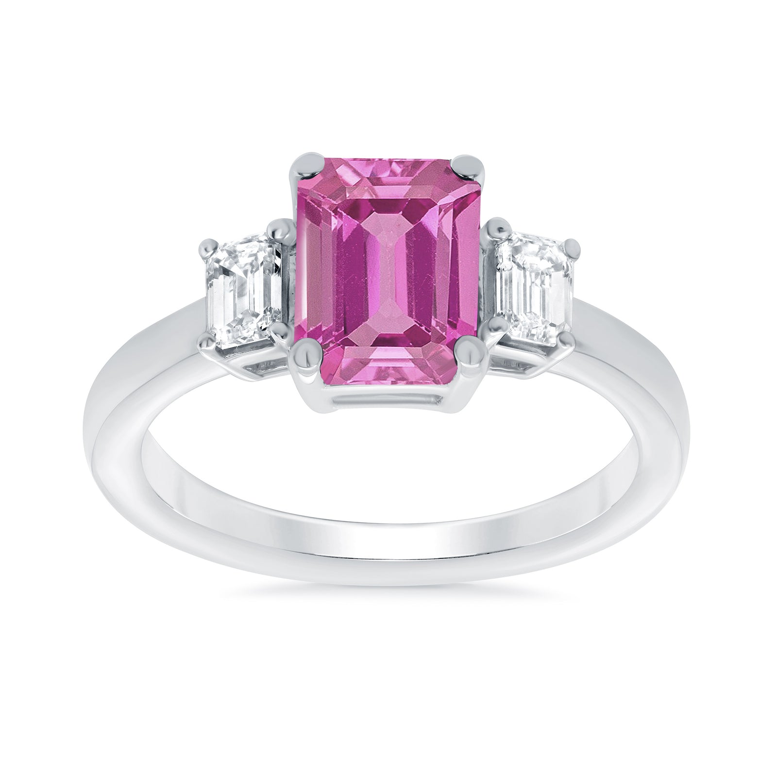 9ct white gold 7x5 octagonal lab created pink sapphire & E/VS diamonds ring 0.40ts LG
