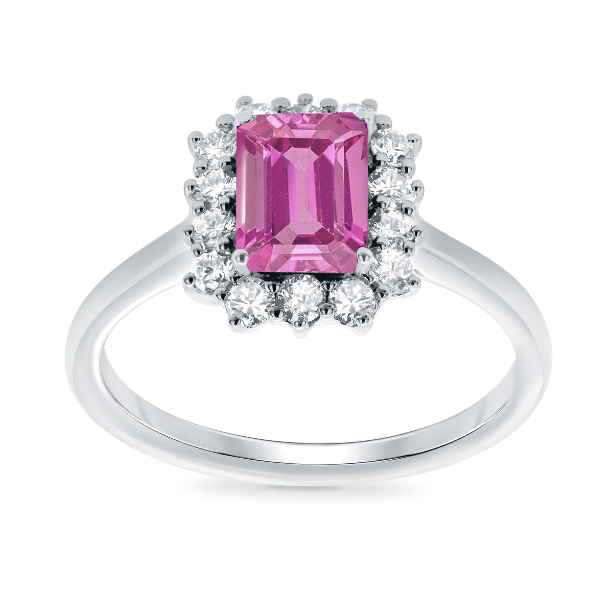 9ct white gold 7x5 octagonal lab created pink sapphire &amp; E/VS diamond cluster ring 0.36cts LG