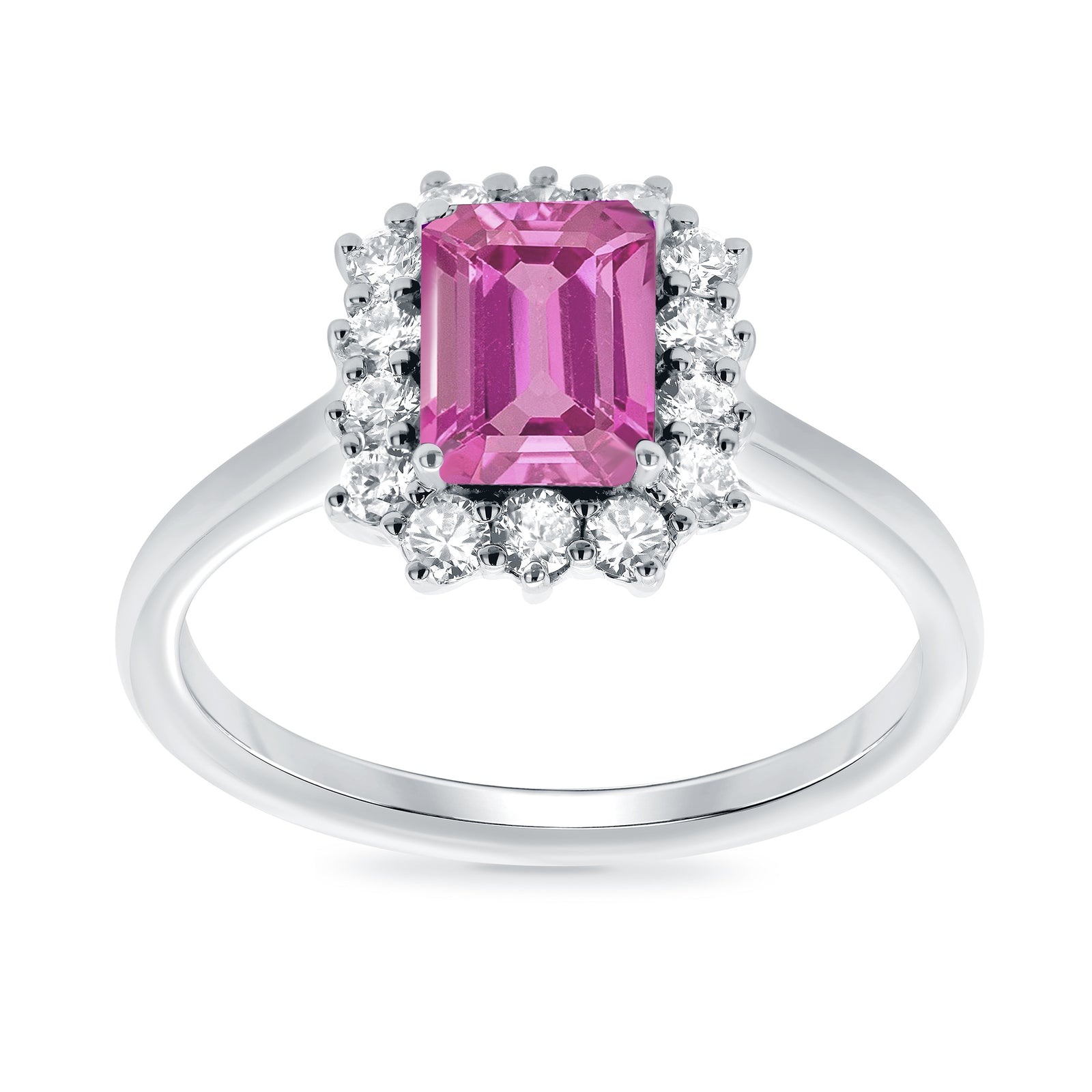9ct white gold 7x5 octagonal lab created pink sapphire & E/VS diamond cluster ring 0.36cts LG
