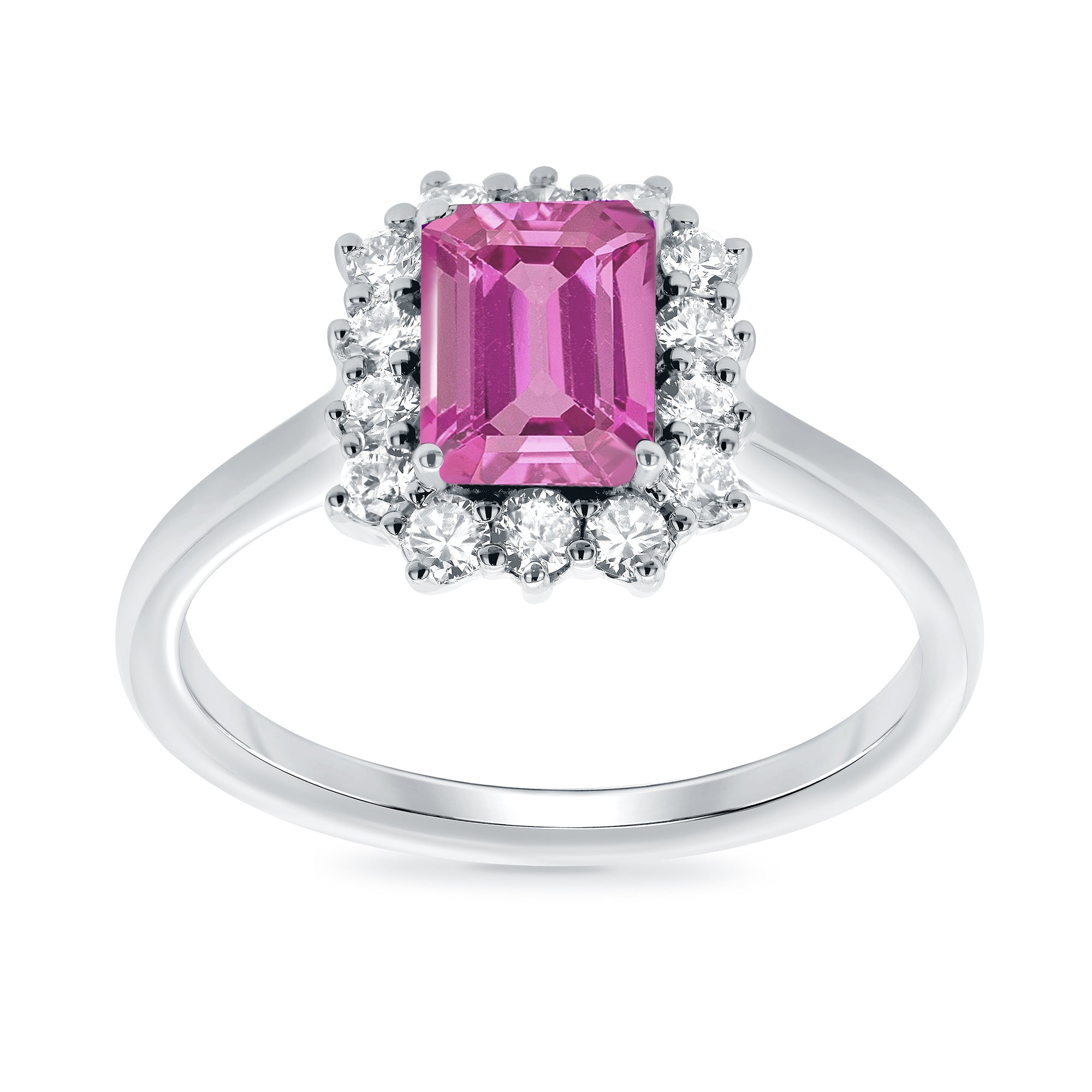 9ct white gold 7x5 octagonal lab created pink sapphire & E/VS diamond cluster ring 0.36cts LG
