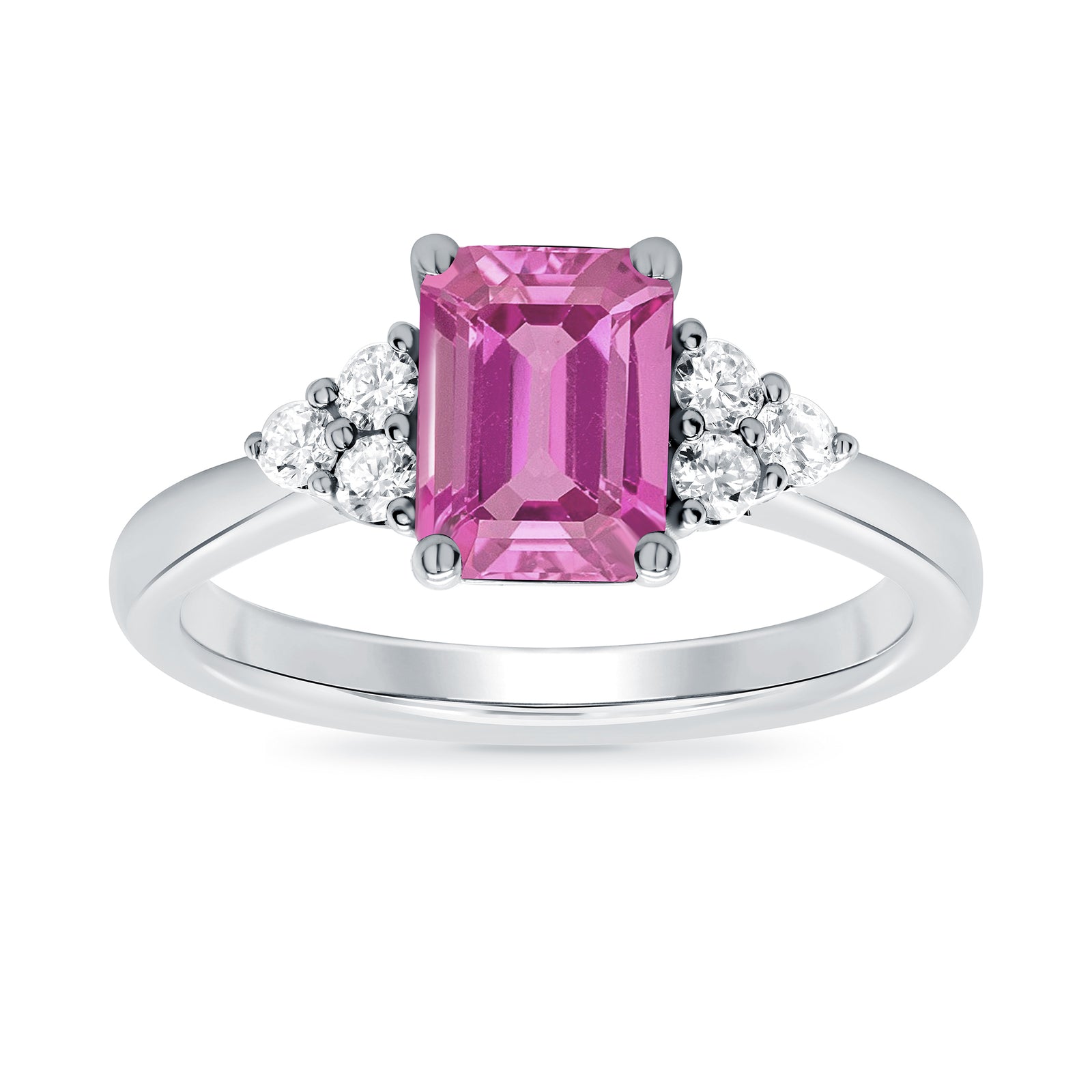 9ct white gold 8x6 octagonal lab created pink sapphire & 3 E/VS diamonds each side ring 0.15cts LG