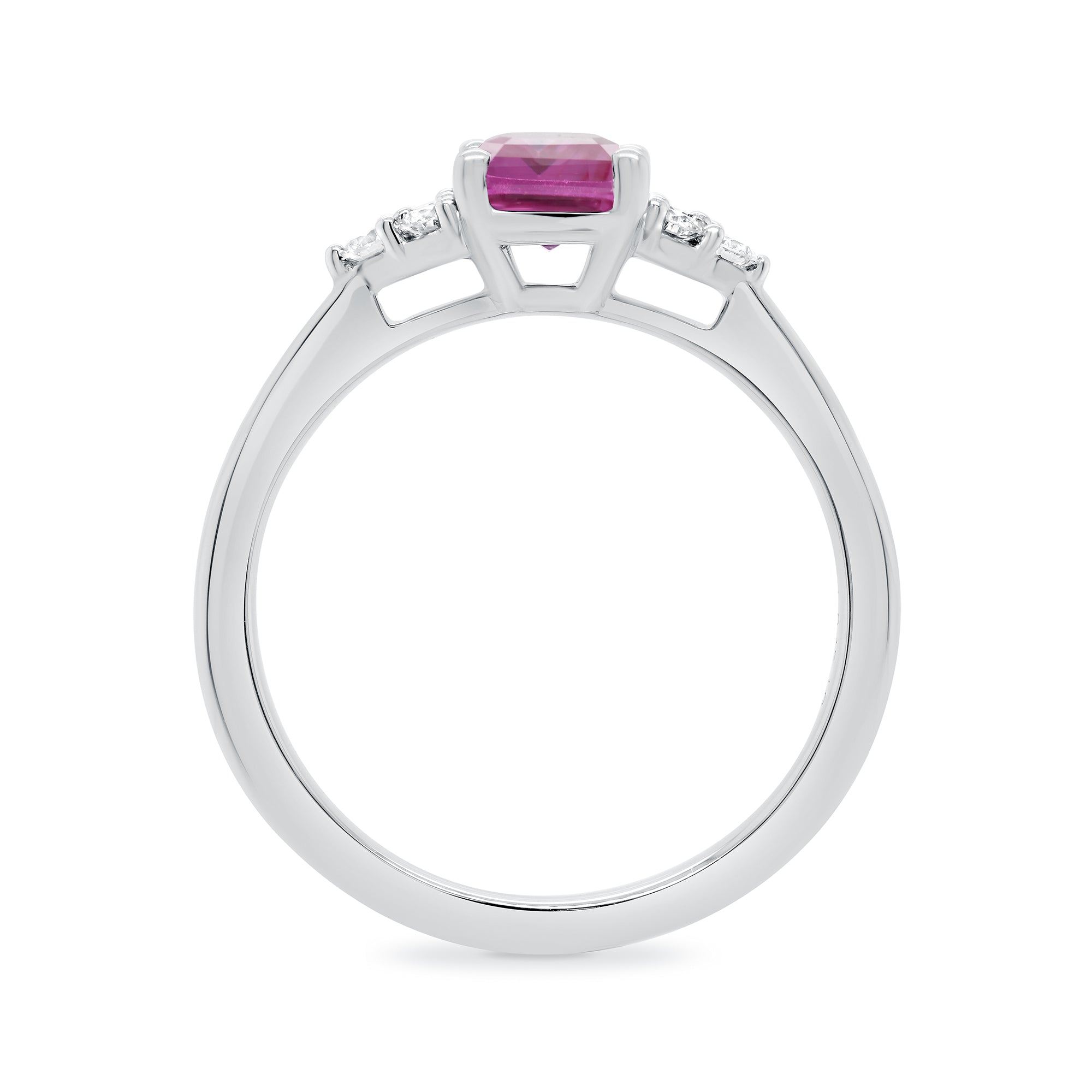 9ct white gold 8x6 octagonal lab created pink sapphire & 3 E/VS diamonds each side ring 0.15cts LG