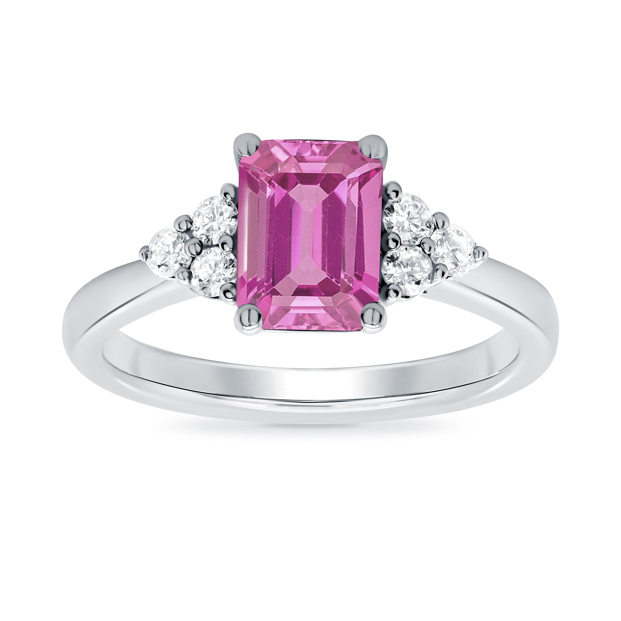 9ct white gold 8x6 octagonal lab created pink sapphire & 3 E/VS diamonds each side ring 0.15cts LG