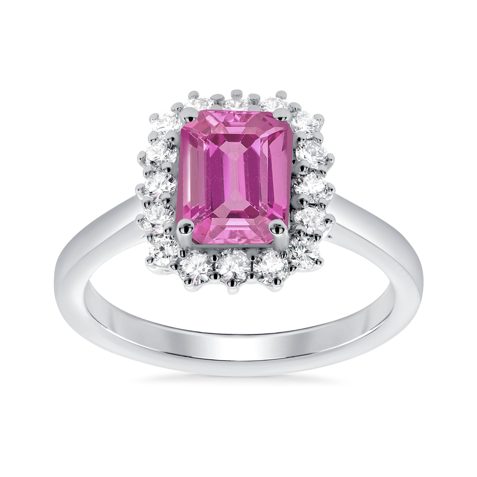 9ct white gold 8x6 octagonal lab created pink sapphire & E/VS diamond cluster ring 0.40cts LG