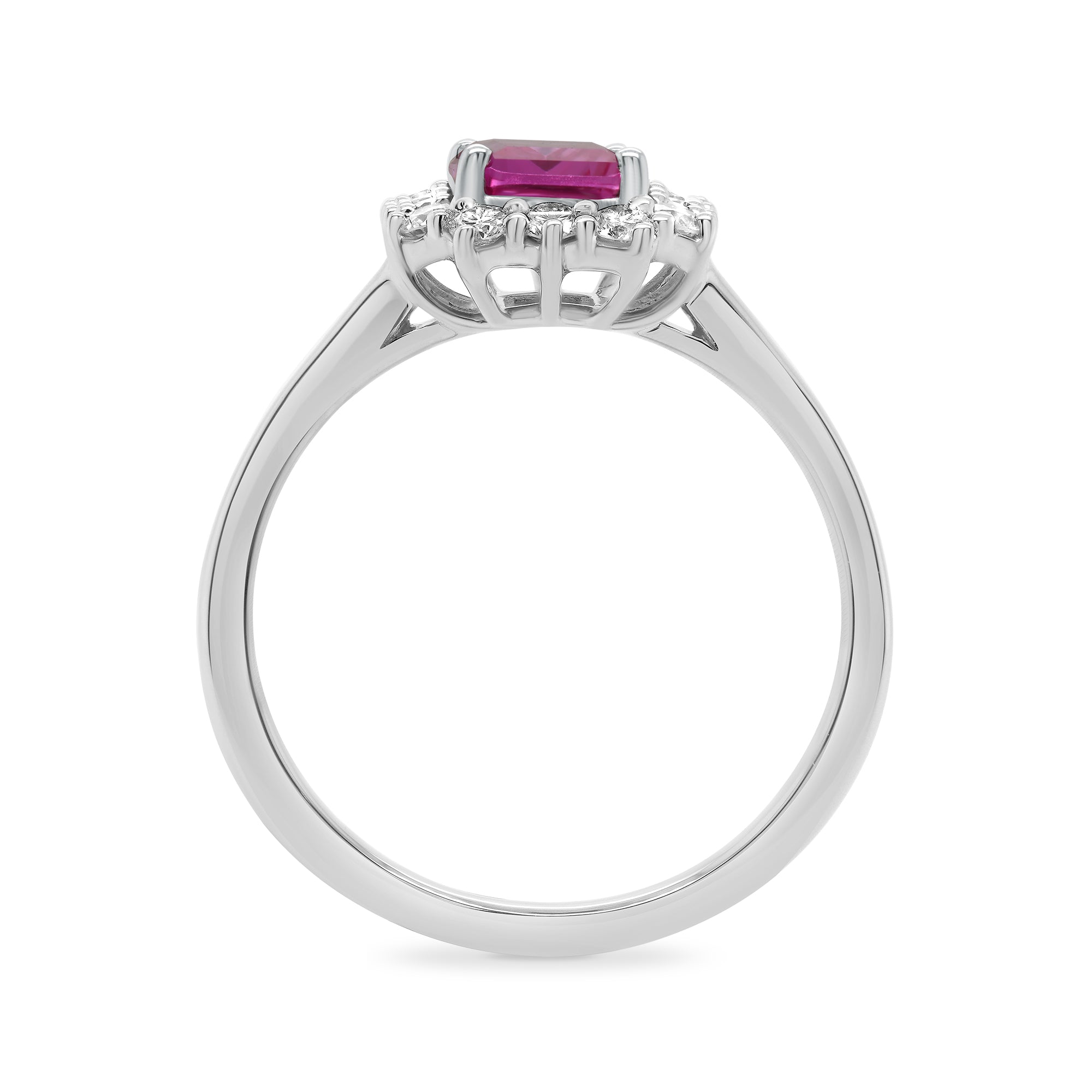 9ct white gold 8x6 octagonal lab created pink sapphire & E/VS diamond cluster ring 0.40cts LG