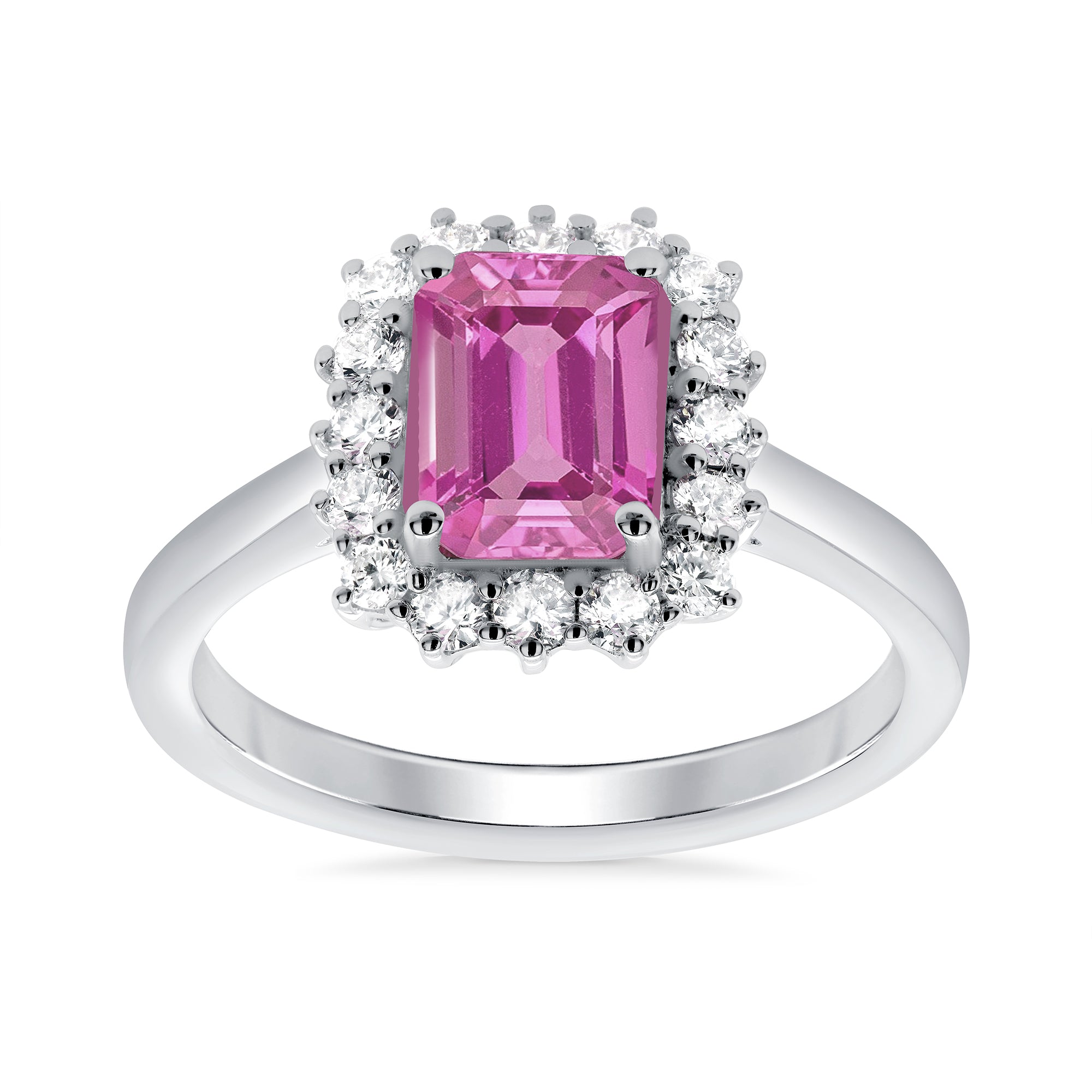 9ct white gold 8x6 octagonal lab created pink sapphire & E/VS diamond cluster ring 0.40cts LG