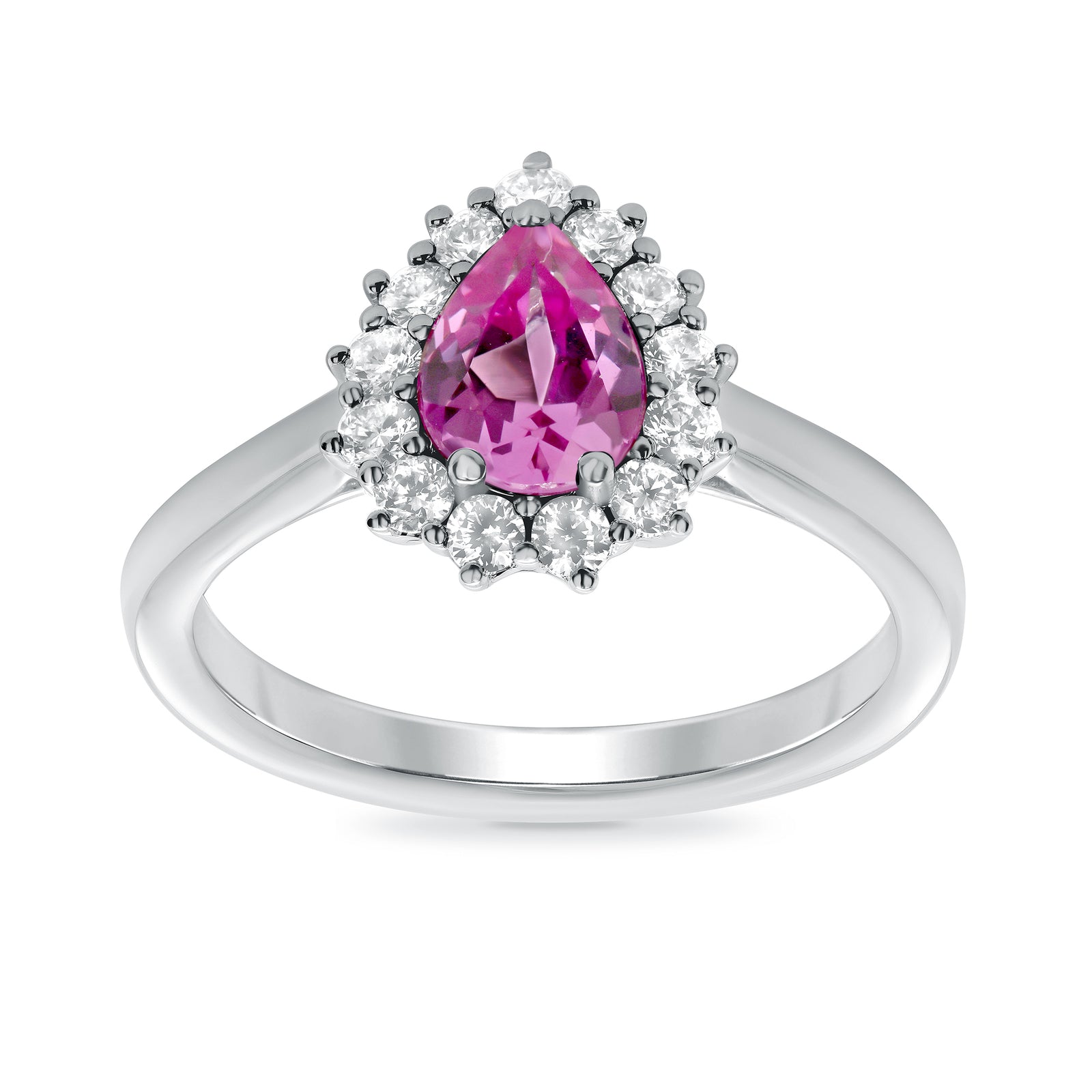 9ct white gold 7x5 pear lab created pink sapphire & E/VS diamond cluster ring 0.33cts LG